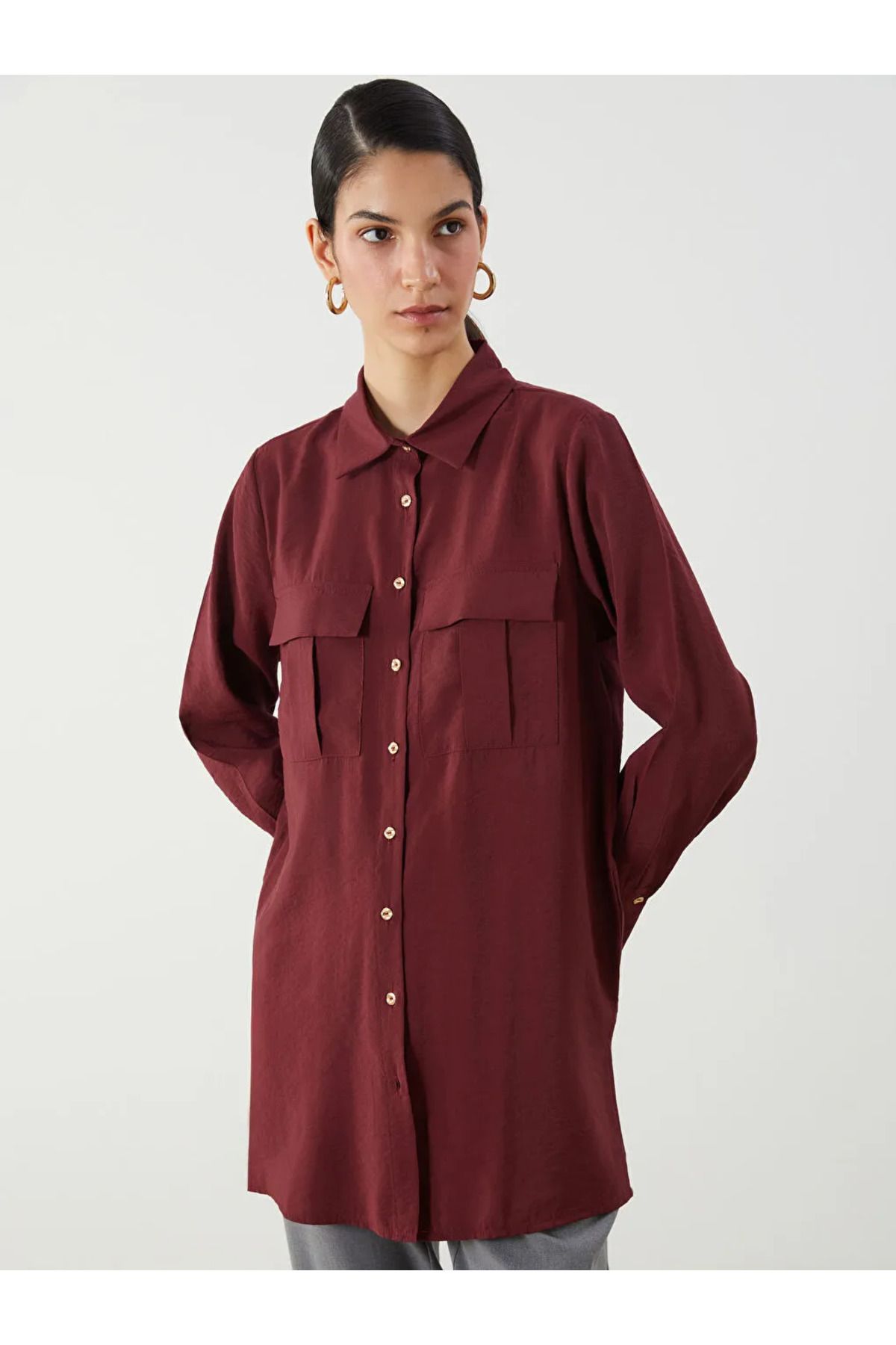 LC Waikiki LCW Modest Bordo Modal Karışımlı Kadın Gömlek Tunik