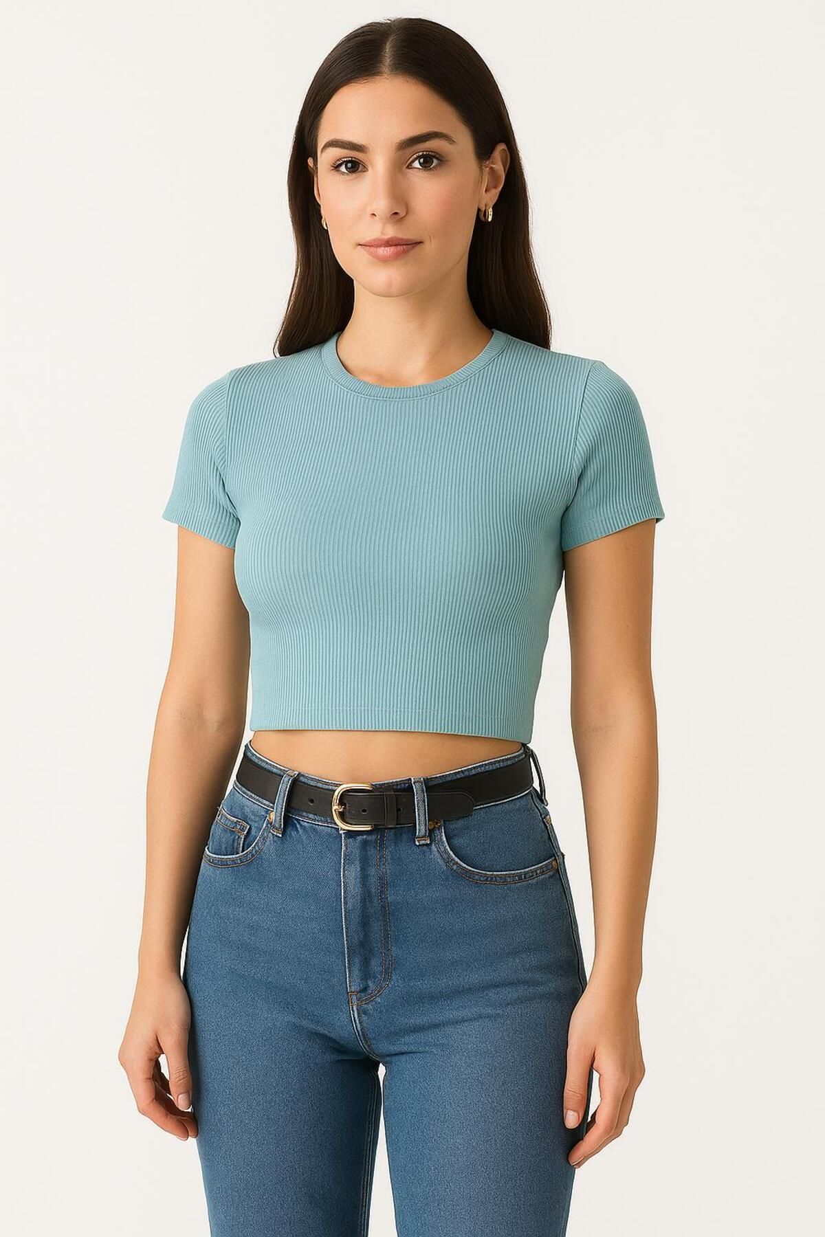 trendalisse Bisiklet yaka yarım kollu Crop Bluz