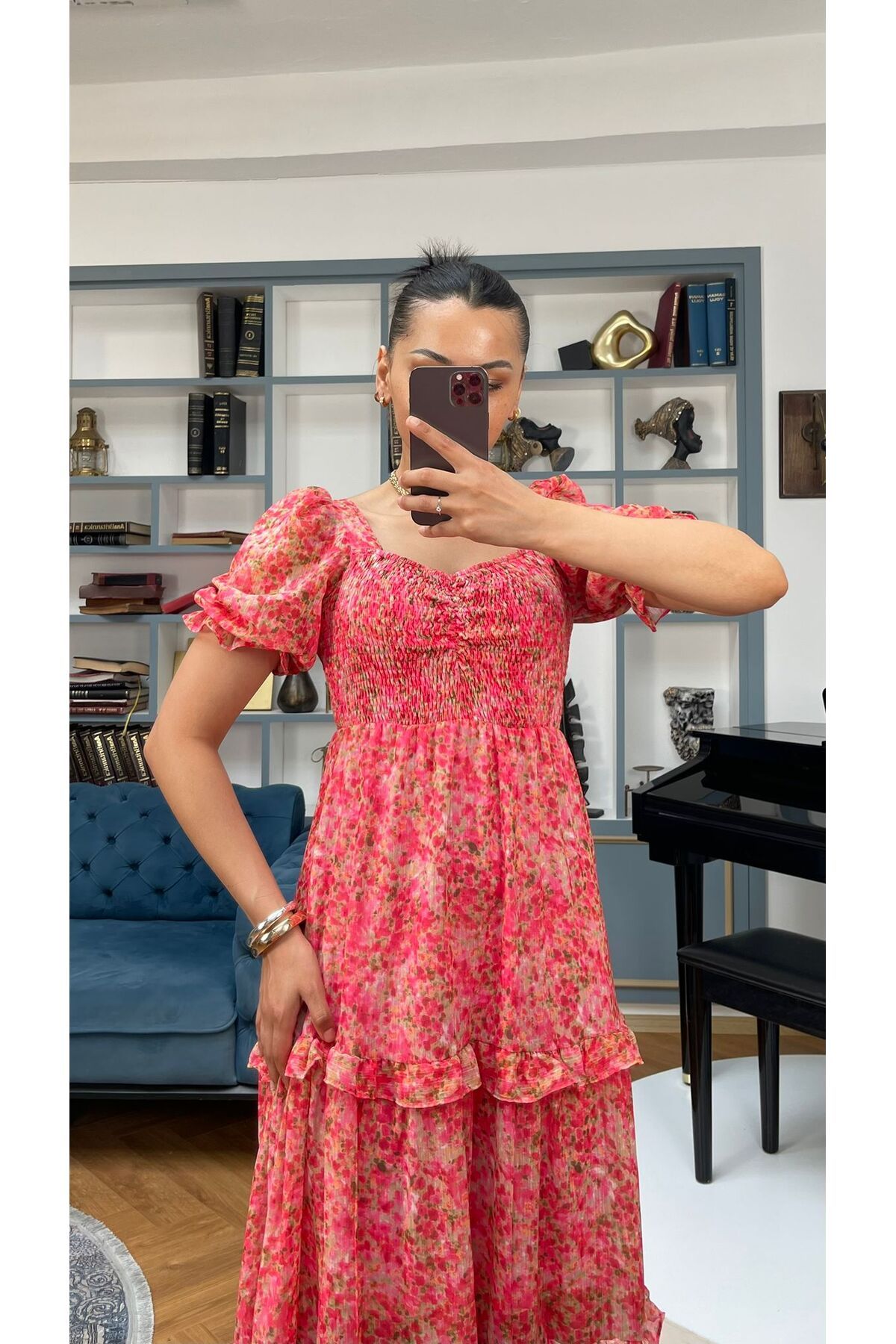 Nida Boutique Kare Yaka Gipeli Yarım Kol Katkat Astarlı Şifon Elbise