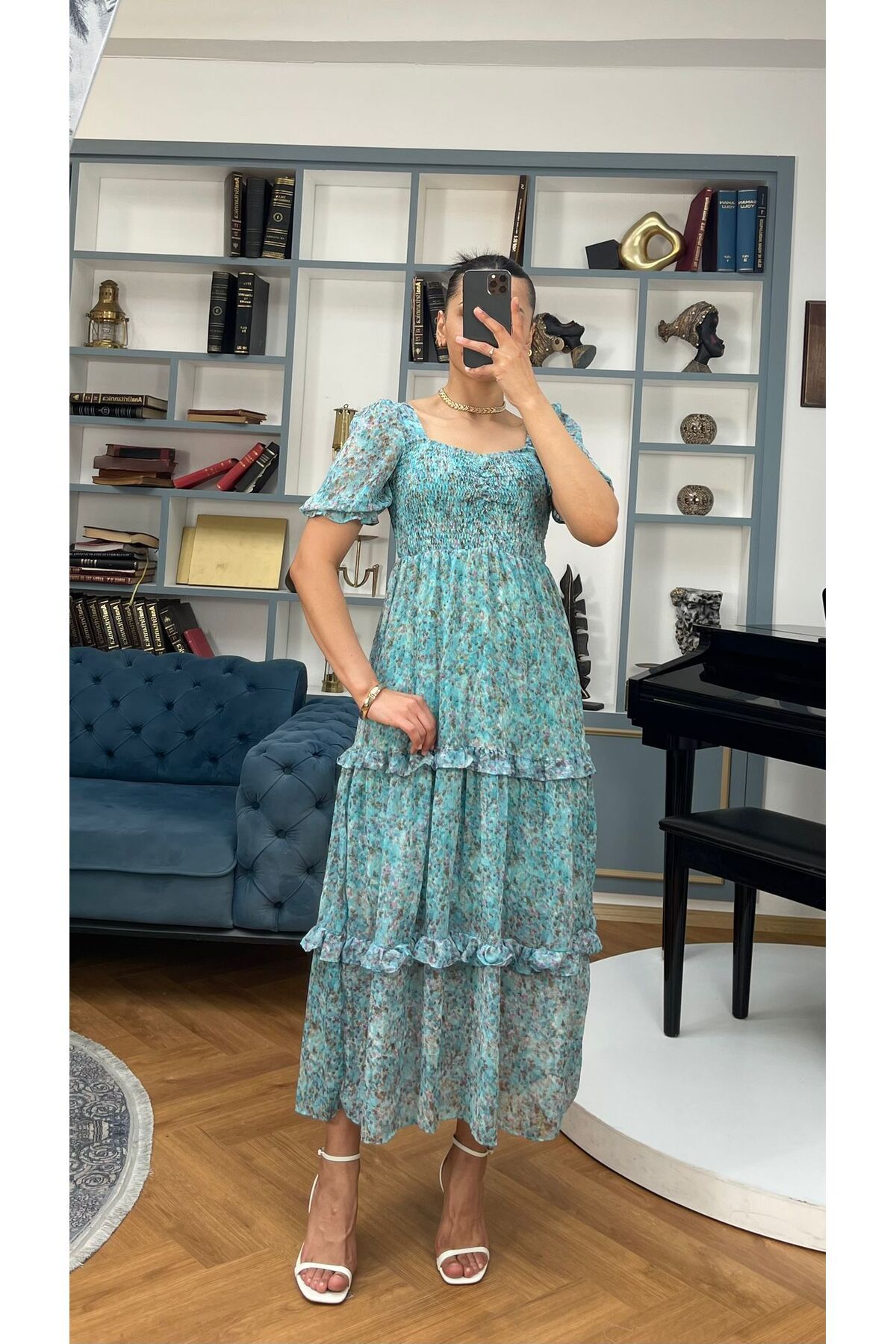 Nida Boutique Kare Yaka Gipeli Yarım Kol Katkat Astarlı Şifon Elbise