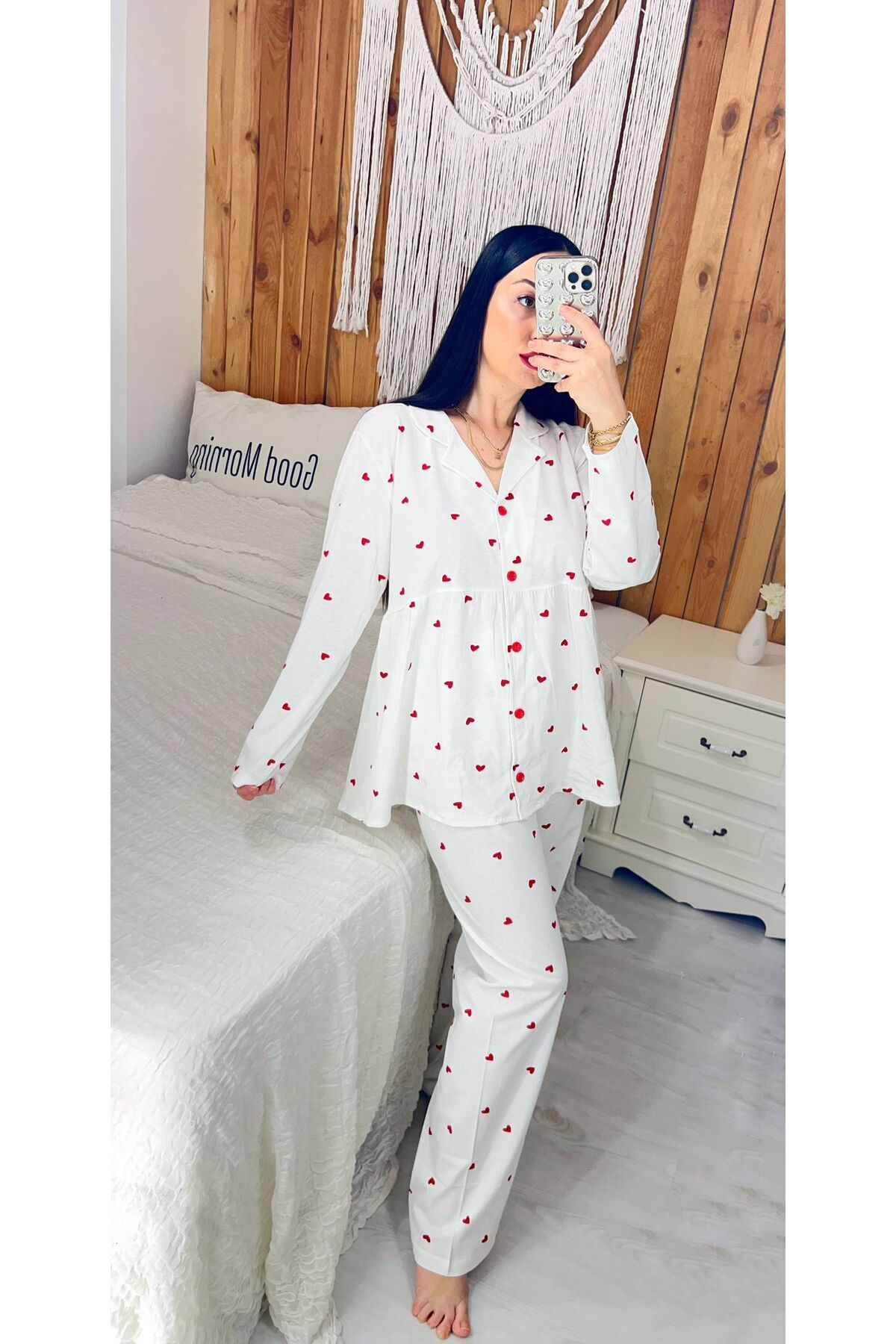 ByGamzeArman Uzun kol kırmızı kalp desenli penye pamuk kumaş hamile lohusa pijama takımı