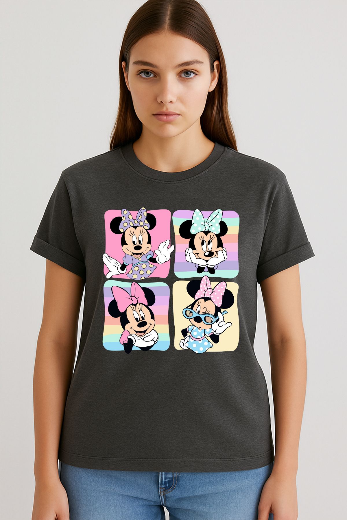 uniqwo Unisex Minnie Mouse Baskılı Yaz Temalı %100 Pamuk Premium Regular T-Shirt