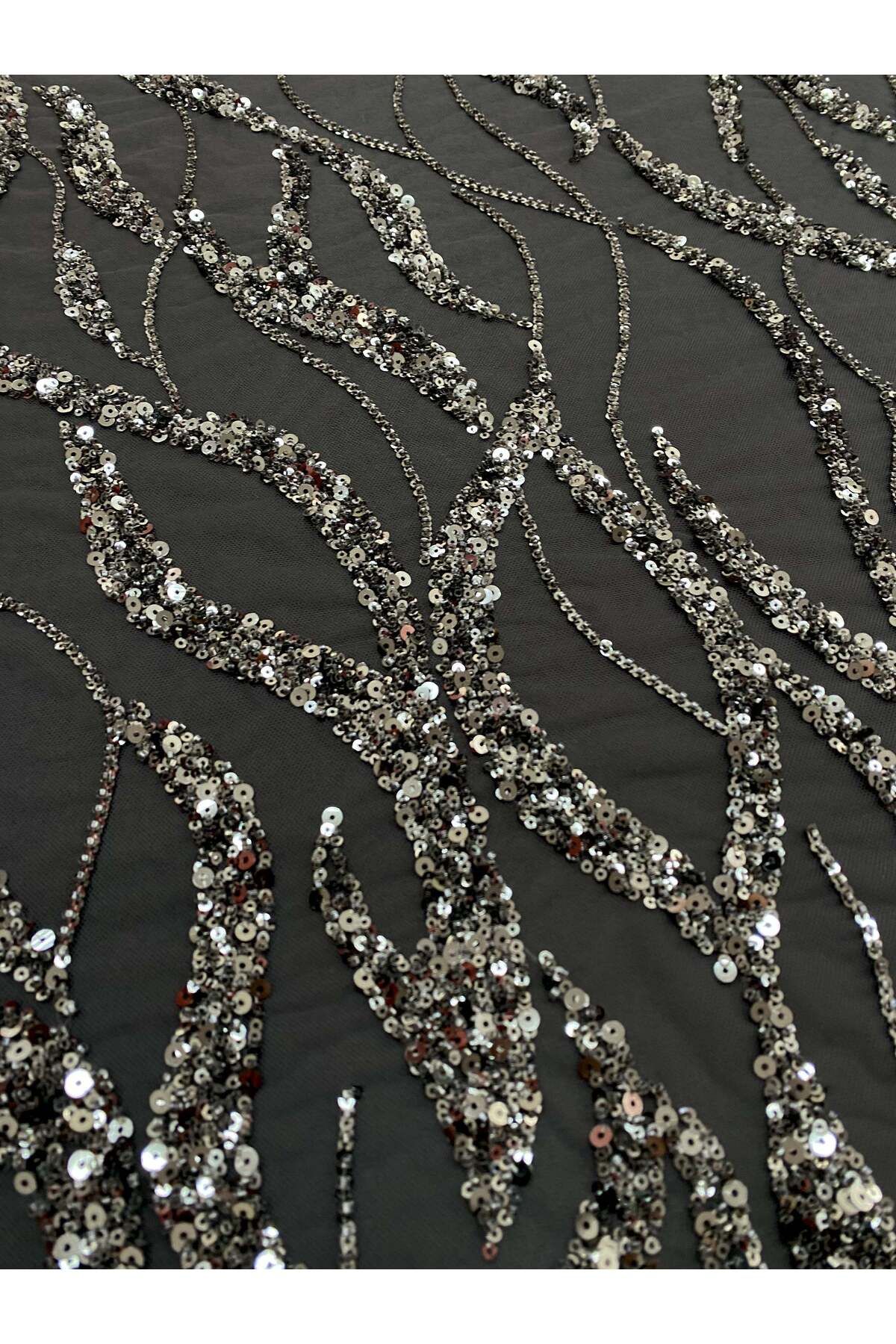 Luxuro-Anthracite Grey Couture Lace with Strings, Beads and Sequins 4