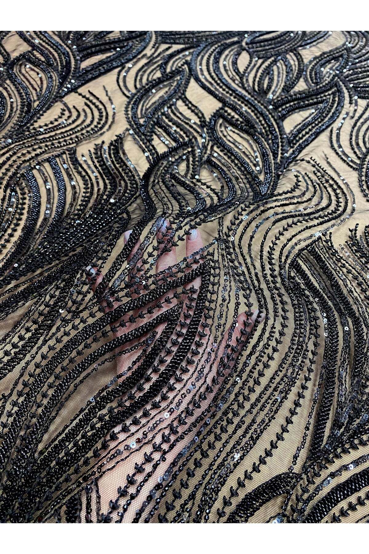Luxuro-Black Couture Lace with Linear Pattern, Beads and Sequins 2