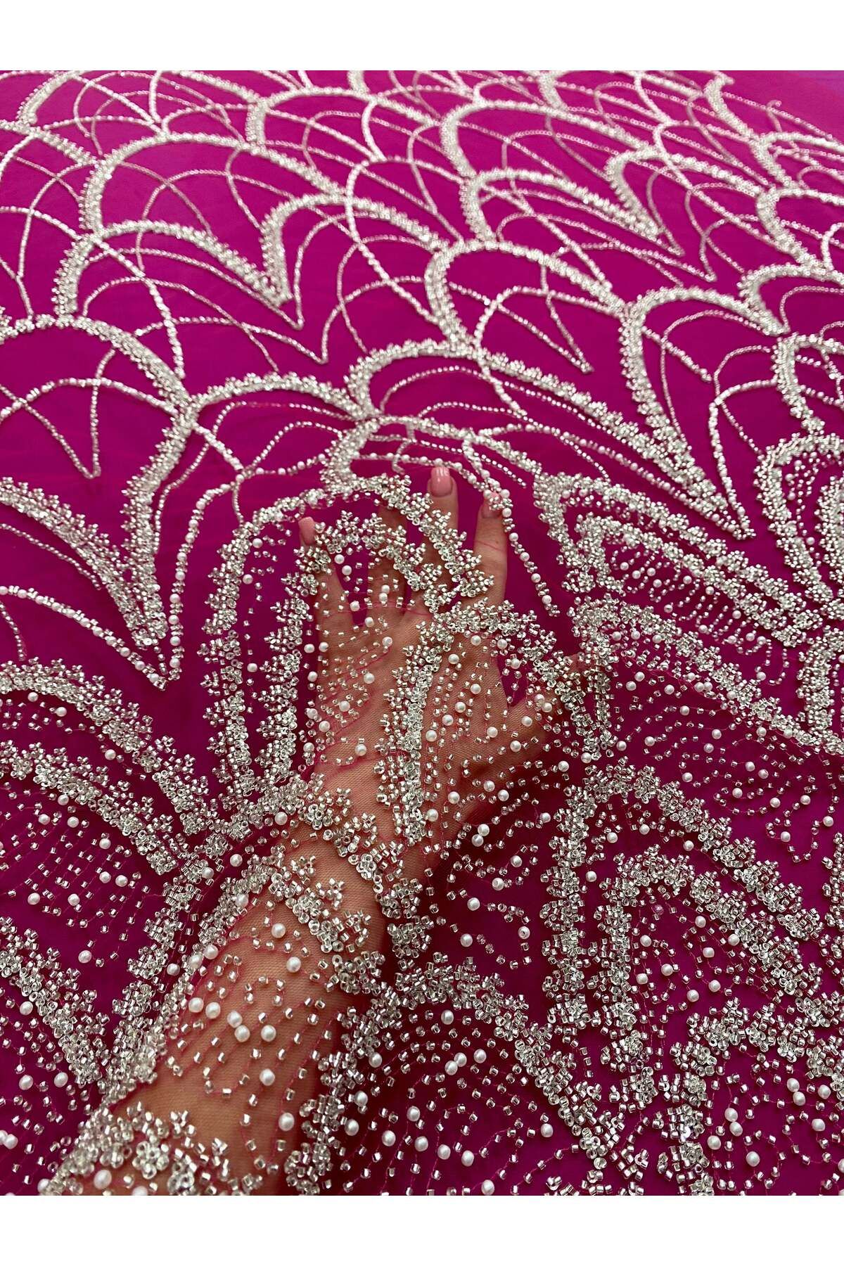 Luxuro-Couture Silver Lace with Fuchsia Tulle with Geometric Pattern, with Pearls, Beads and Sequins 2