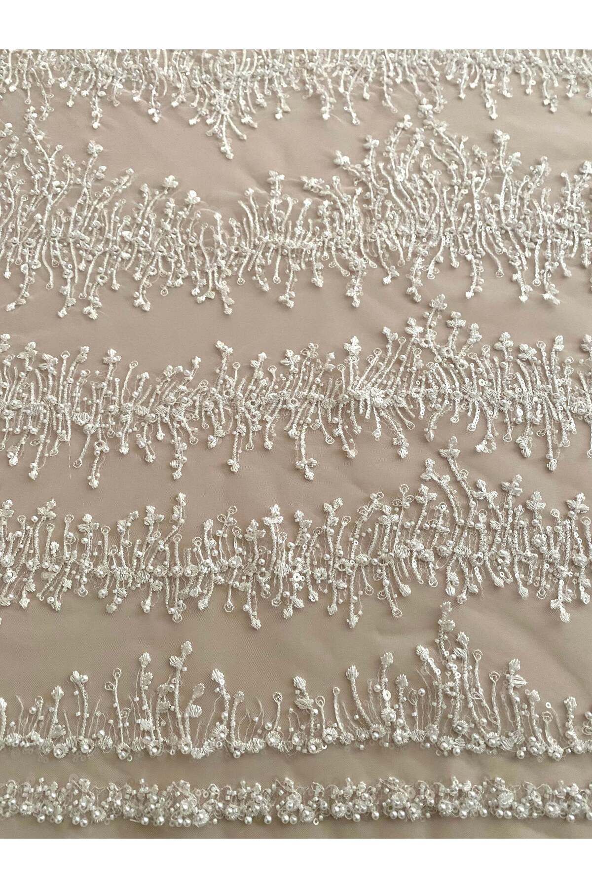 Luxuro-Ivory Couture Lace with Geometric Pattern, with Pearls, Beads and Sequins 4