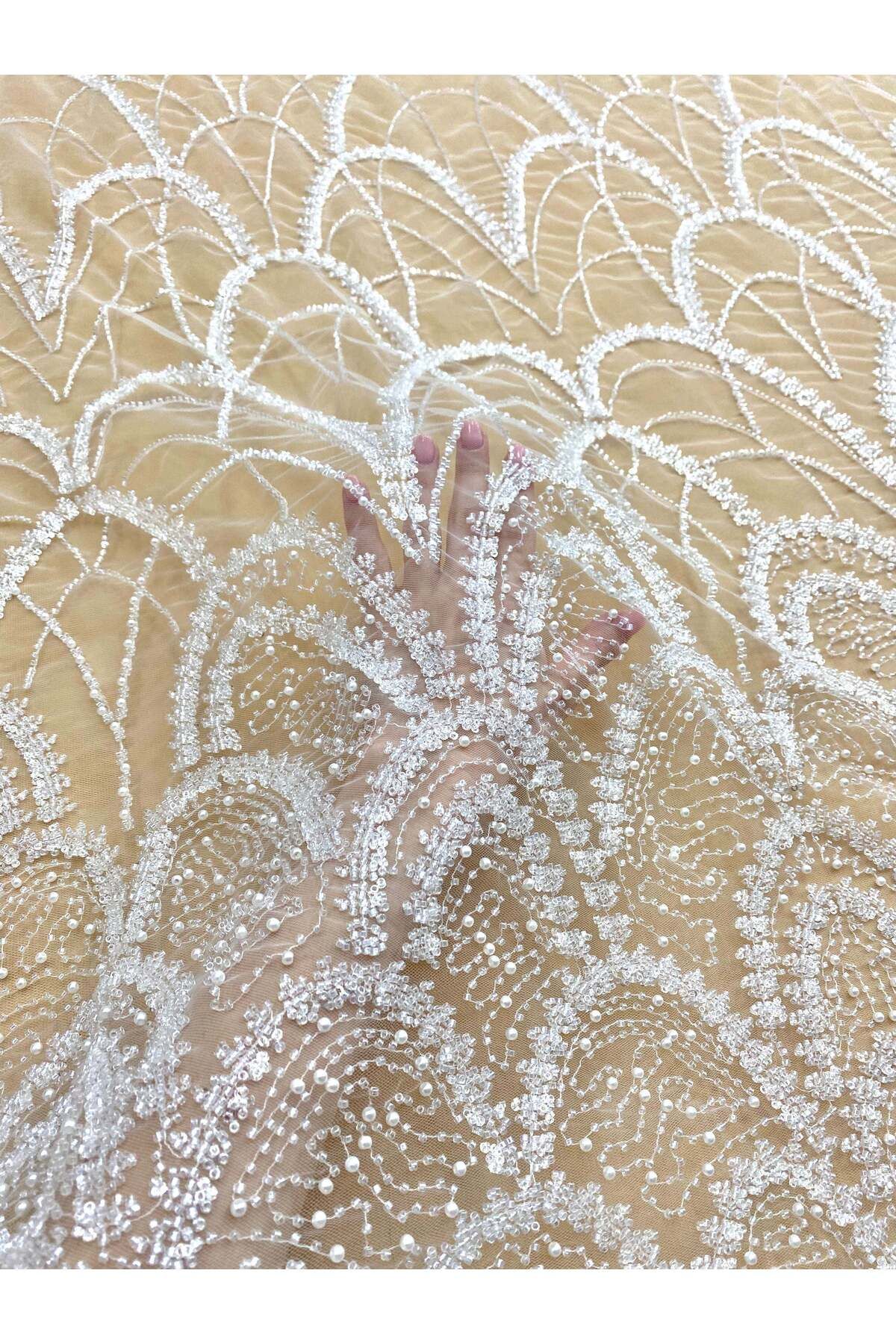 Luxuro-Couture Diamond Lace with Geometric Pattern, with Pearls, Beads and Sequins 2