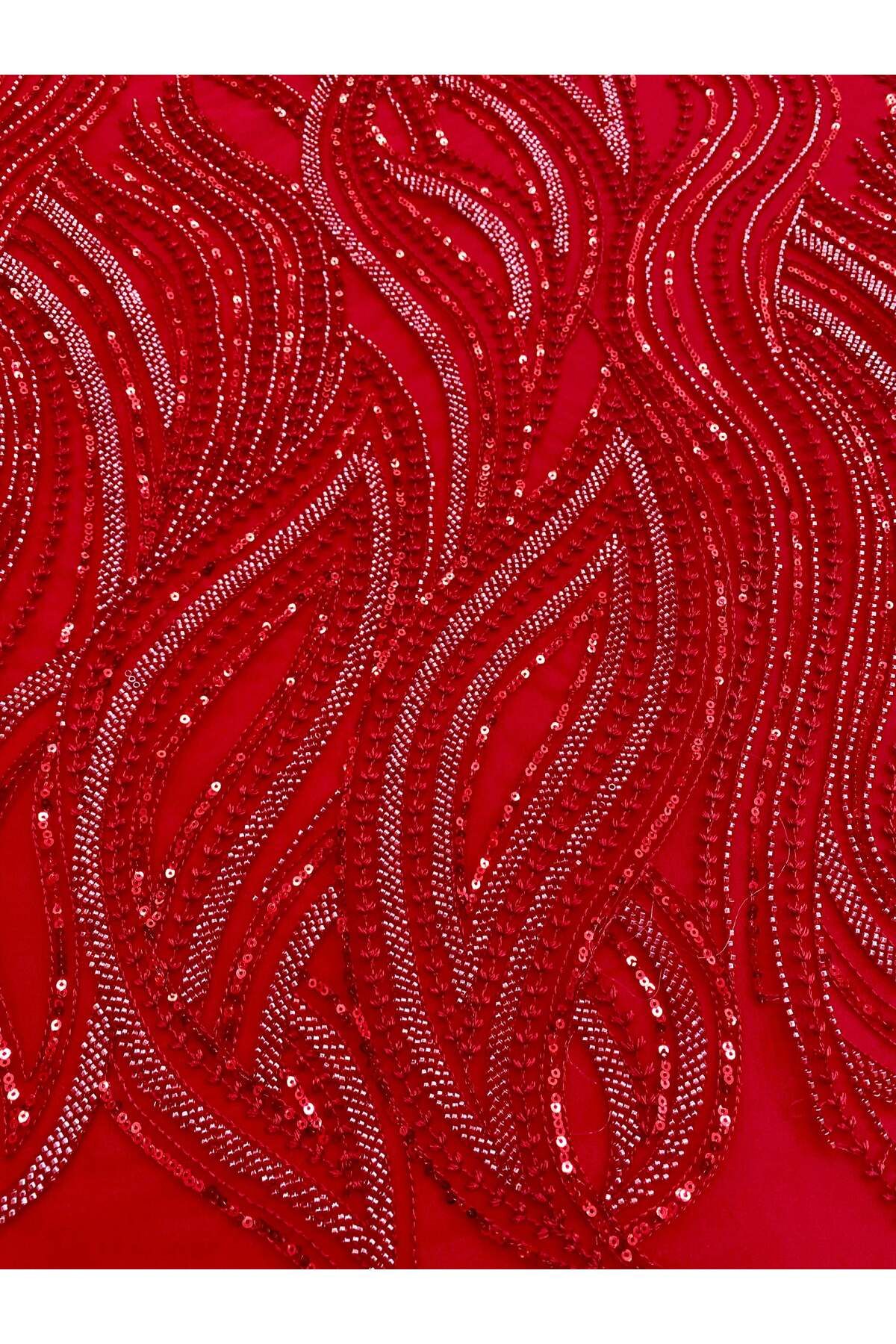 Luxuro-Red Couture Lace with Linear Pattern, Beads and Sequins 6