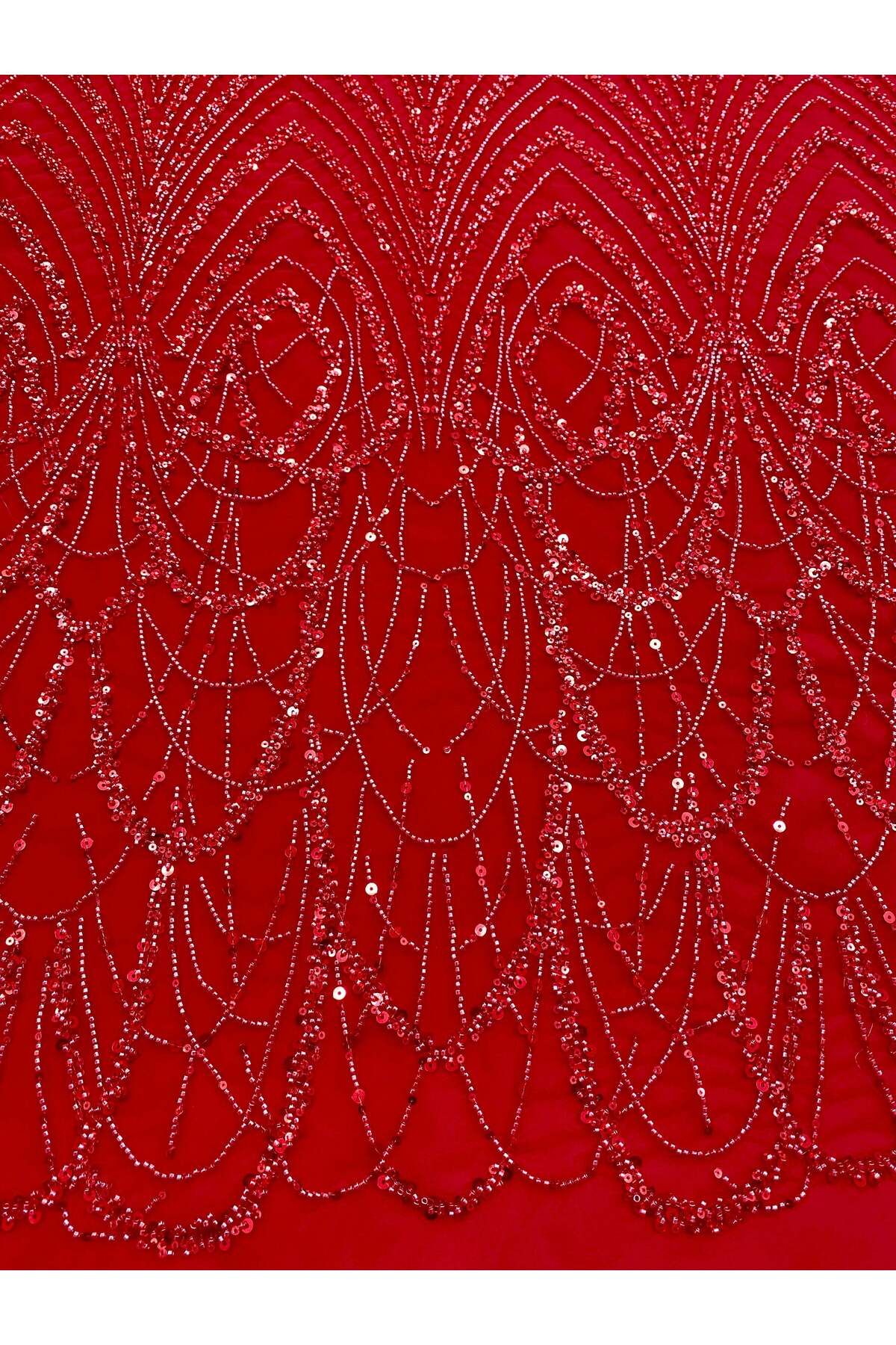 Luxuro-Red Couture Lace with Geometric Pattern with Beads and Sequins 4