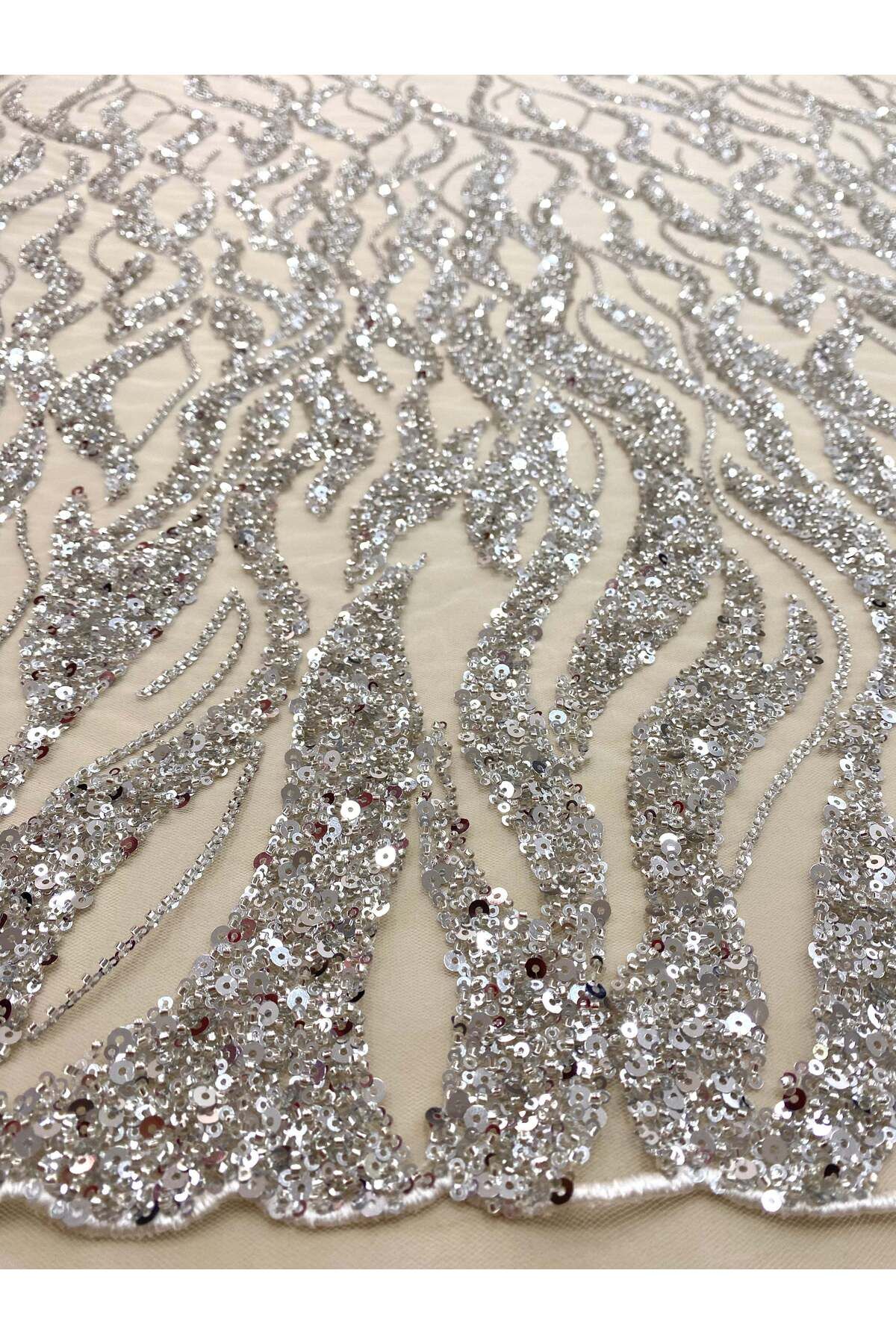Luxuro-Silver Couture Lace with Strings, Beads and Sequins 3