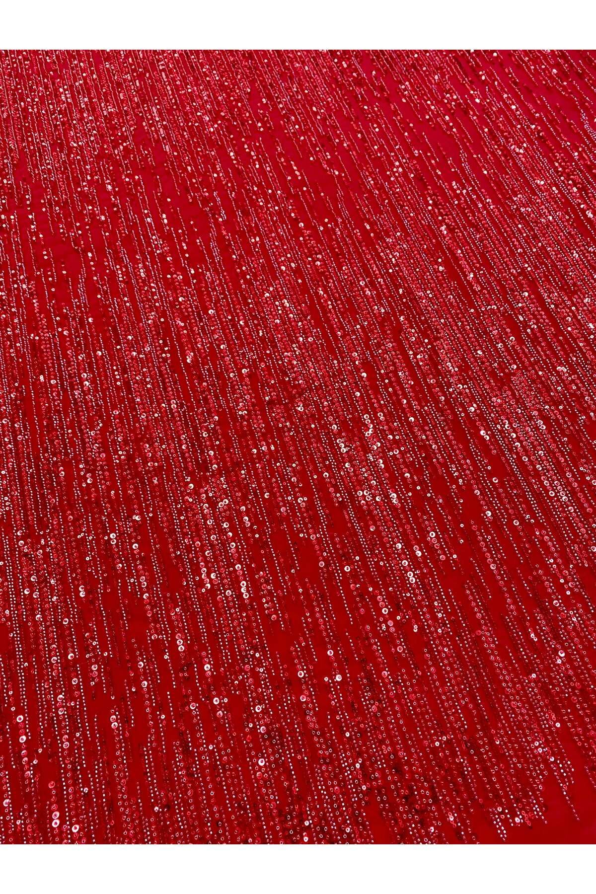 Luxuro-Red Couture Lace with Linear Pattern, Beads and Sequins 4