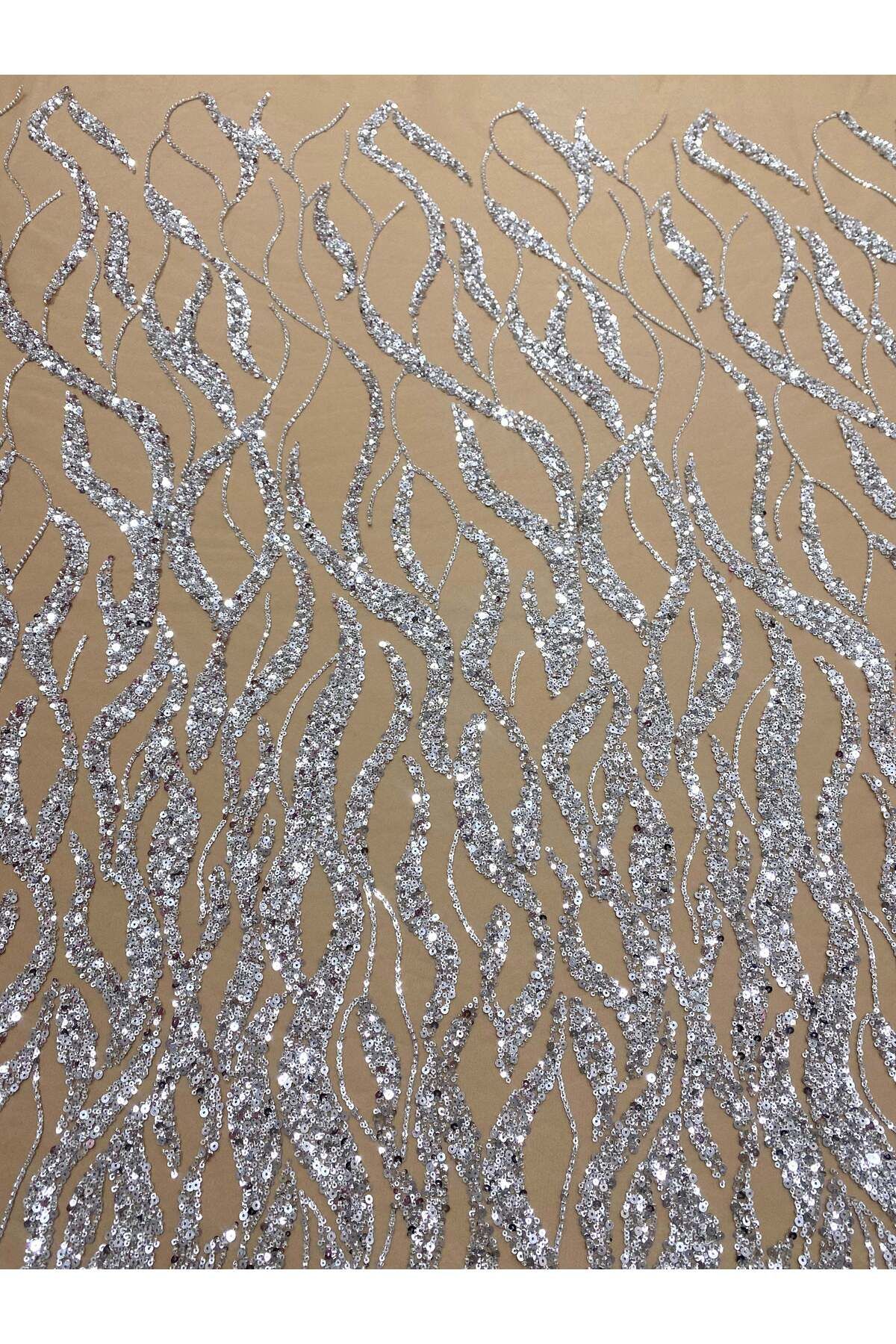 Luxuro-Silver Couture Lace with Nude Tulle with Strings, Beads and Sequins 3