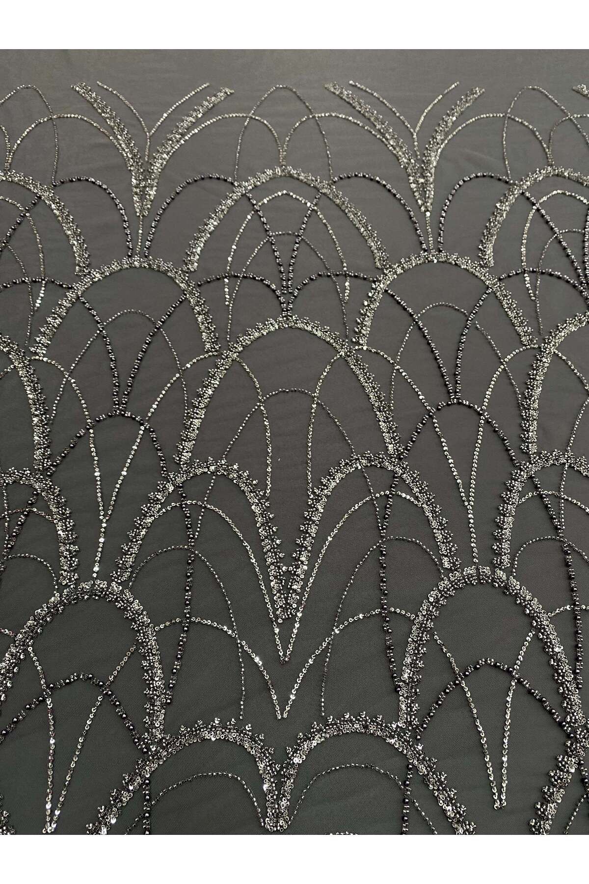 Luxuro-Anthracite Grey Couture Lace with Geometric Pattern, with Pearls, Beads and Sequins 4
