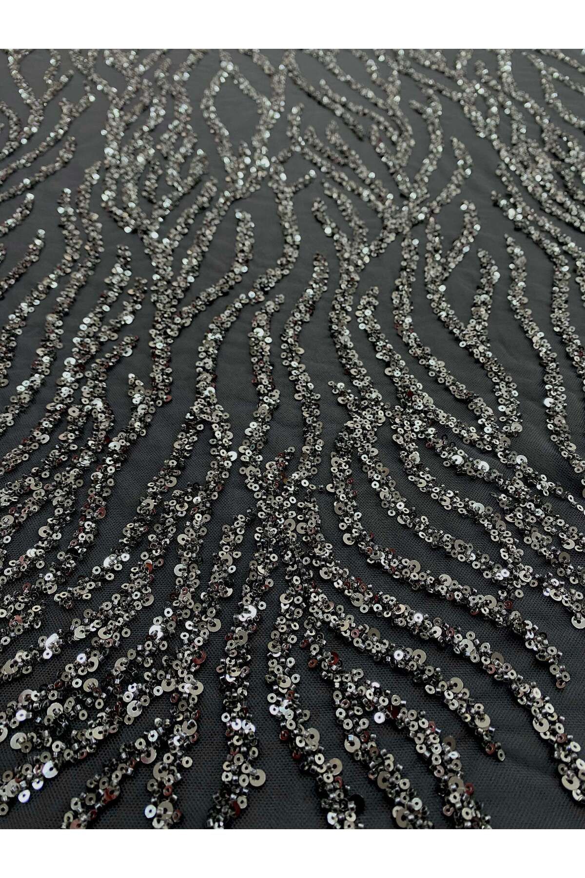 Luxuro-Anthracite Grey Couture Lace with Strings, Beads and Sequins 6