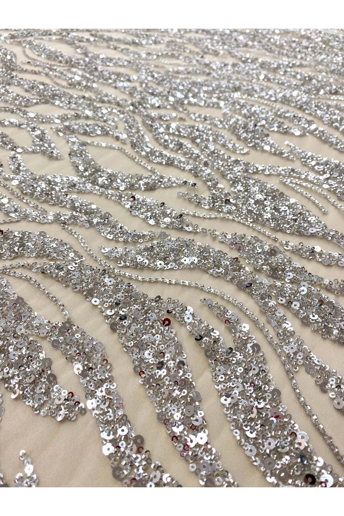Luxuro-Silver Couture Lace with Strings, Beads and Sequins 6