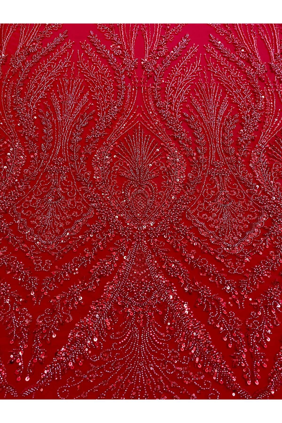 Luxuro-Red Couture Lace with Geometric Pattern, with Pearls, Beads and Sequins 2
