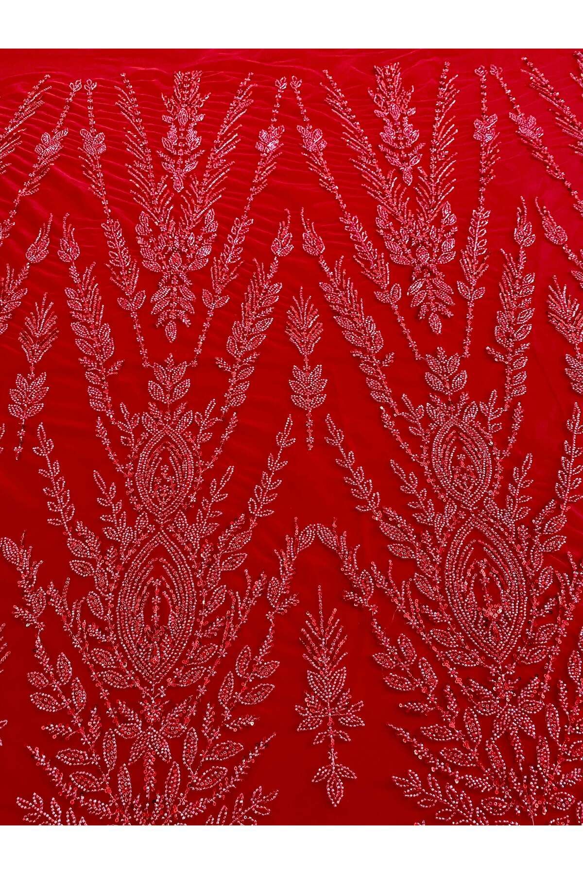 Luxuro-Red Couture Lace with Symmetrical Pattern, Beads and Sequins 3