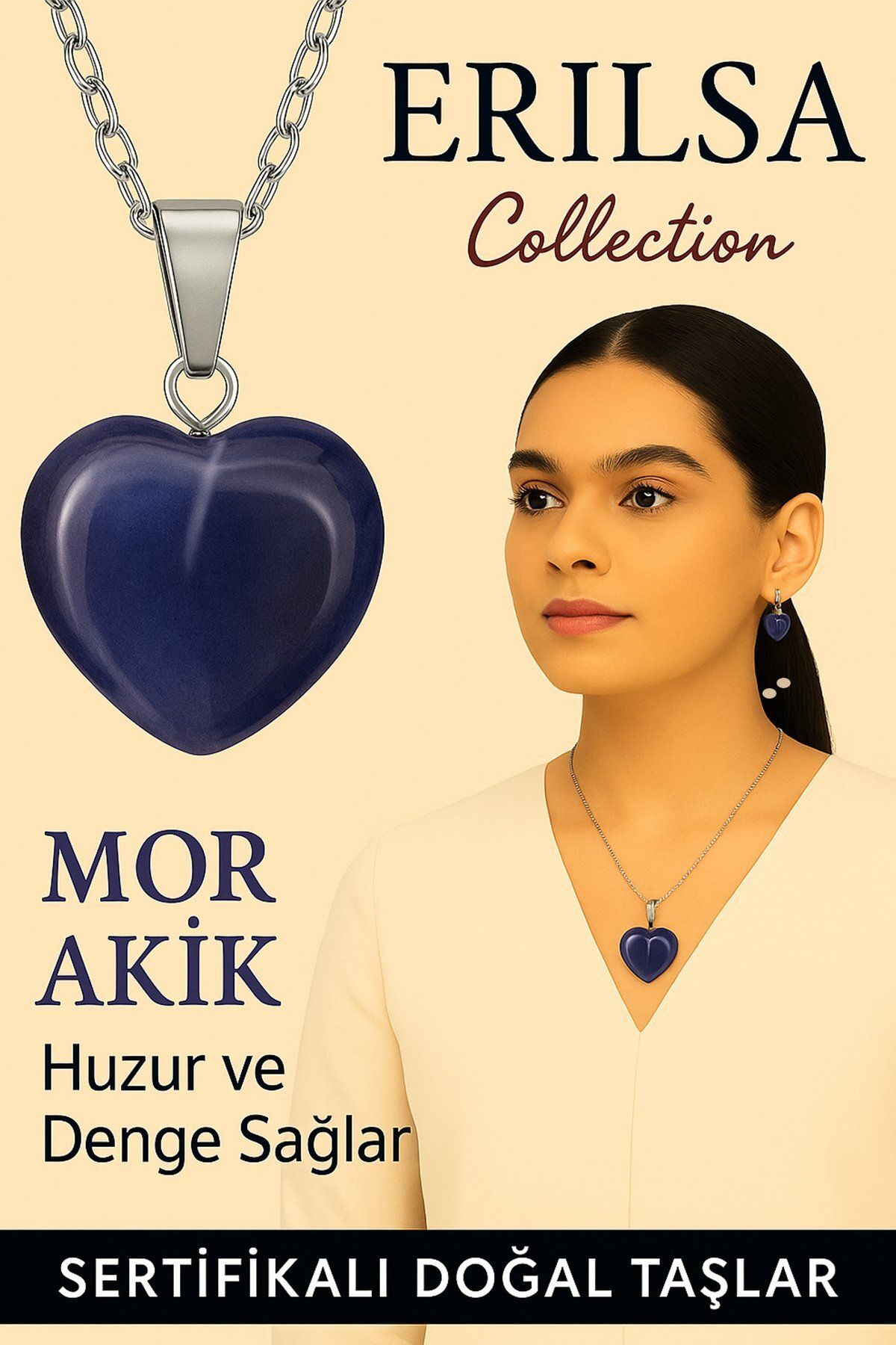 Erilsa Sertifikalı Kalp Model Mor Akik Taşı Kolye – Huzur, Duygusal Denge ve İçsel Sakinlik