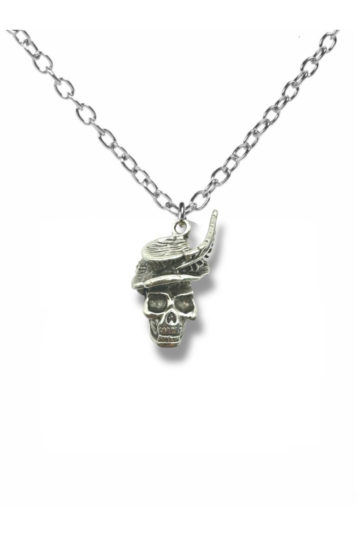 Herşey Nota Kurukafa Skull | Şapkalı ve Tüylü Unisex Kolye - 60 cm Zincir
