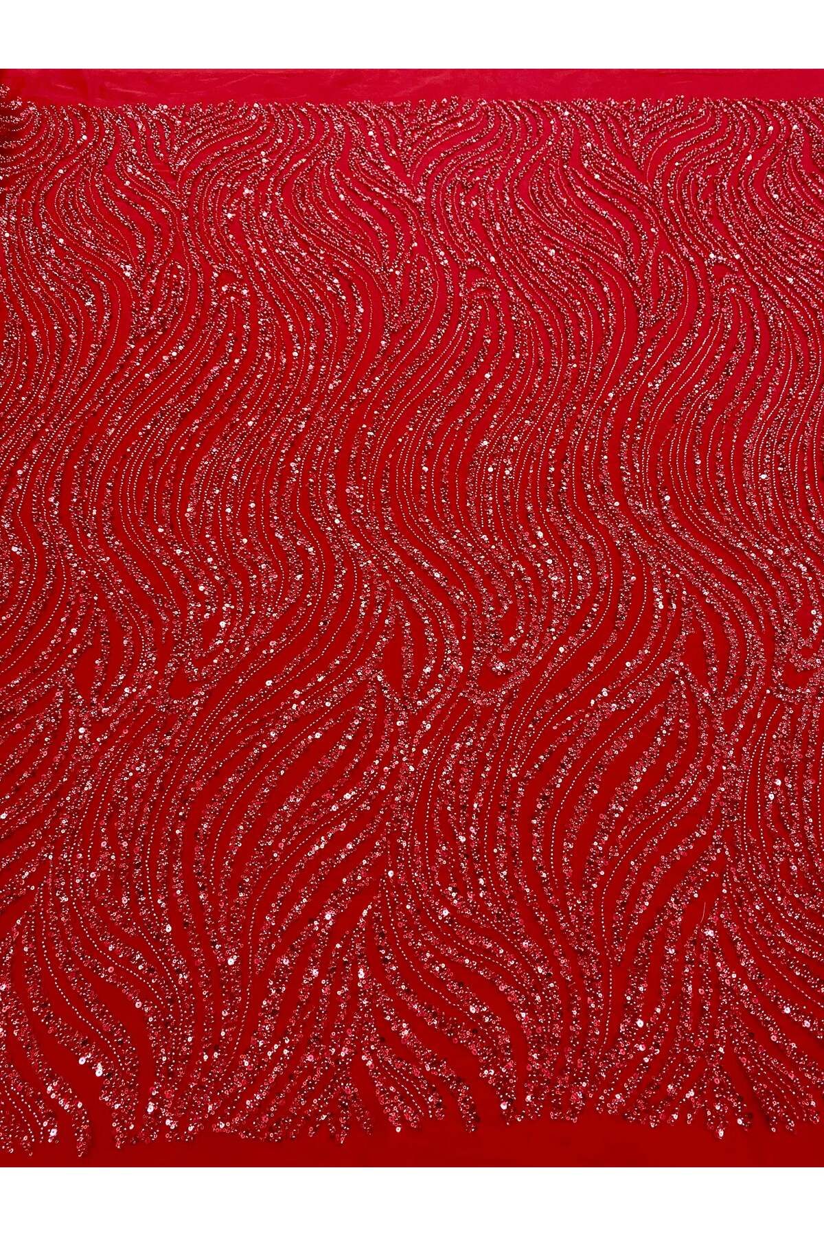 Luxuro-Red Couture Lace with Linear Pattern, Beads and Sequins 1