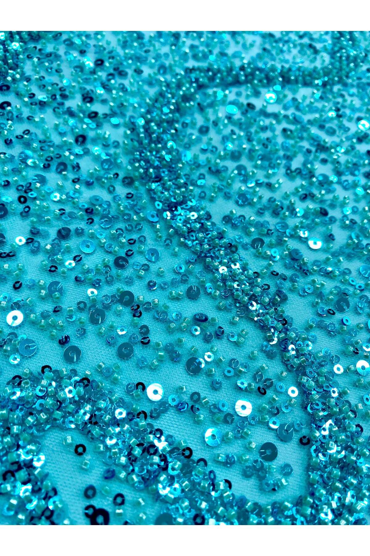 Luxuro-Turquoise Couture Lace with General Pattern with Strings, Beads and Sequins 3