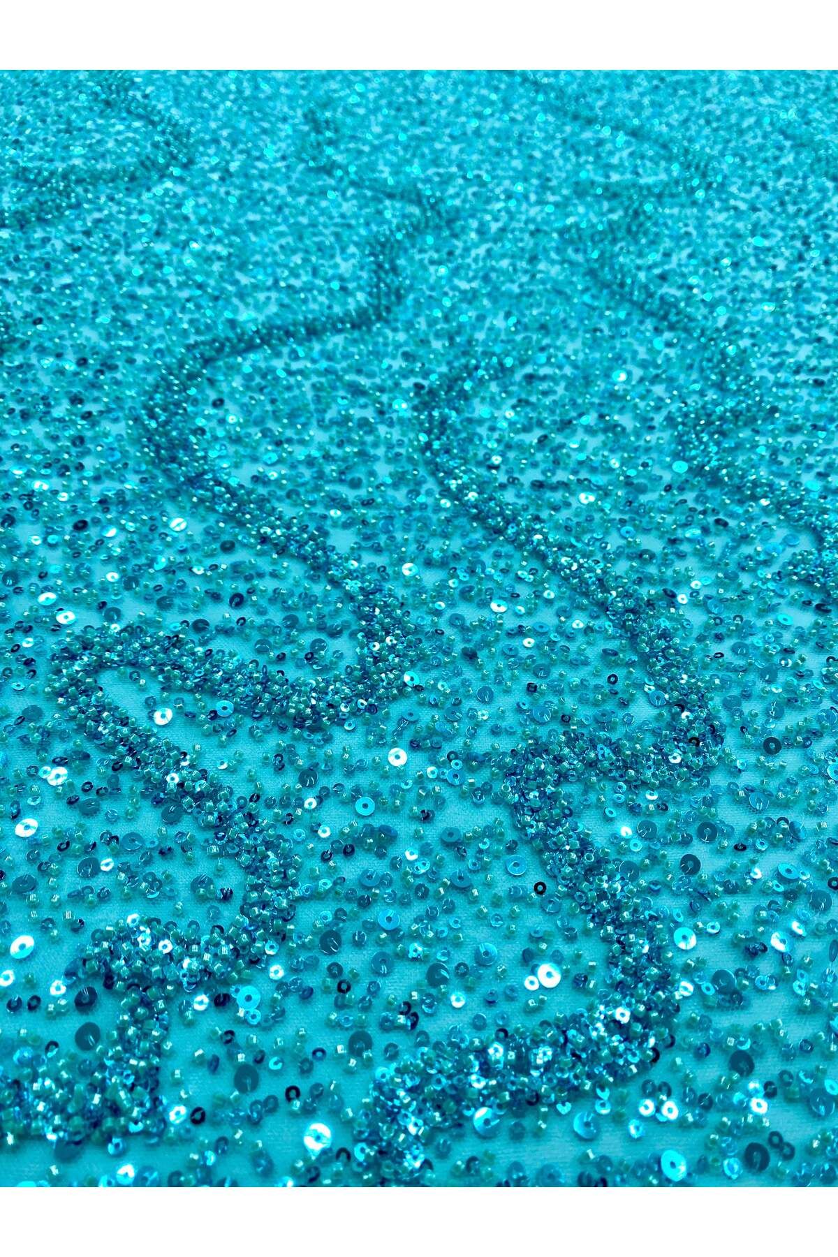 Luxuro-Turquoise Couture Lace with General Pattern with Strings, Beads and Sequins 2