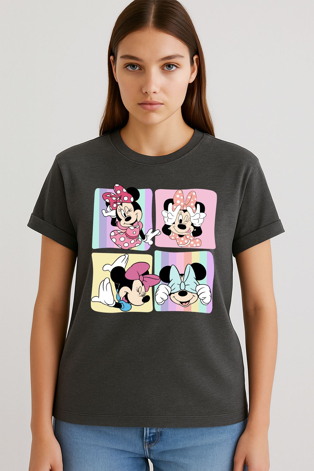 uniqwo Unisex Minnie Mouse Baskılı Kadın %100 Pamuk Premium Regular T-Shirt
