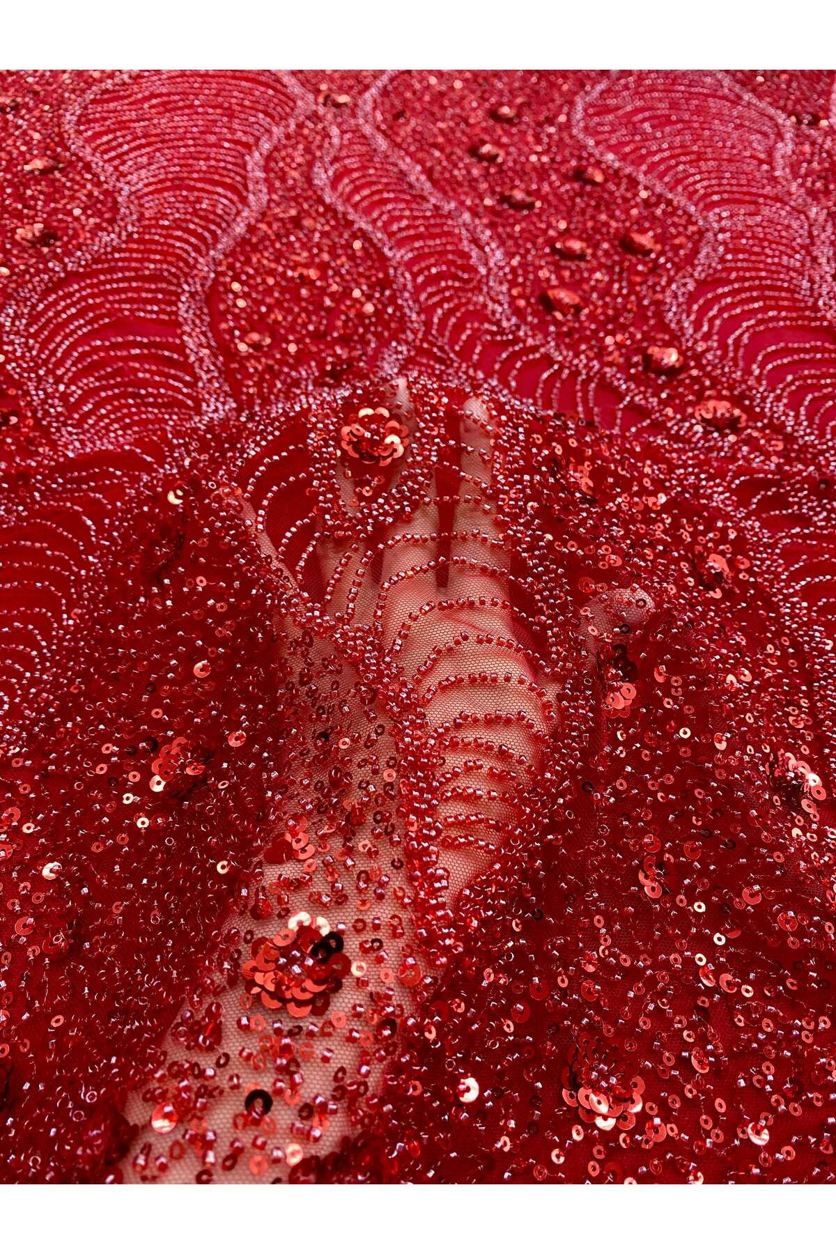 Luxuro-Red Couture Lace with Geometric and Floral Pattern, with Beads and Sequins 6