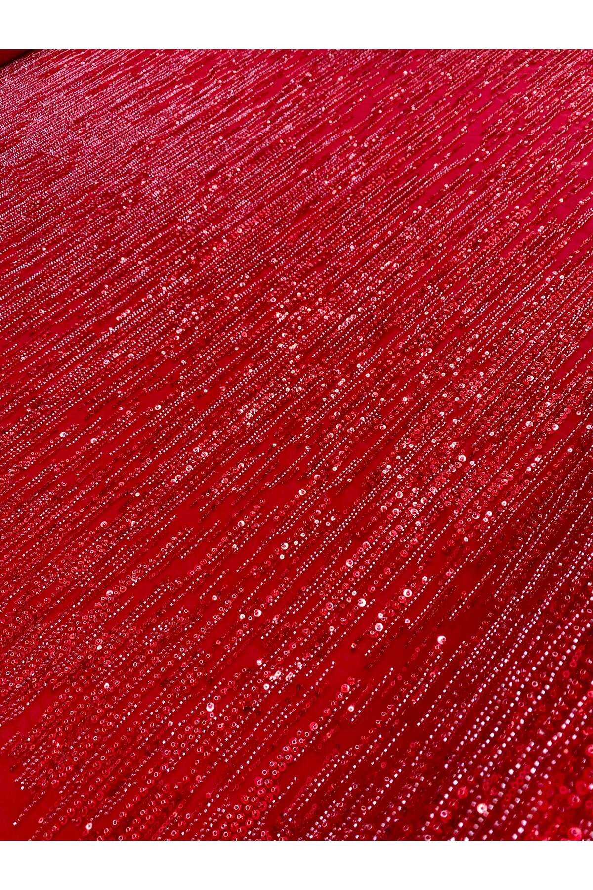 Luxuro-Red Couture Lace with Linear Pattern, Beads and Sequins 6