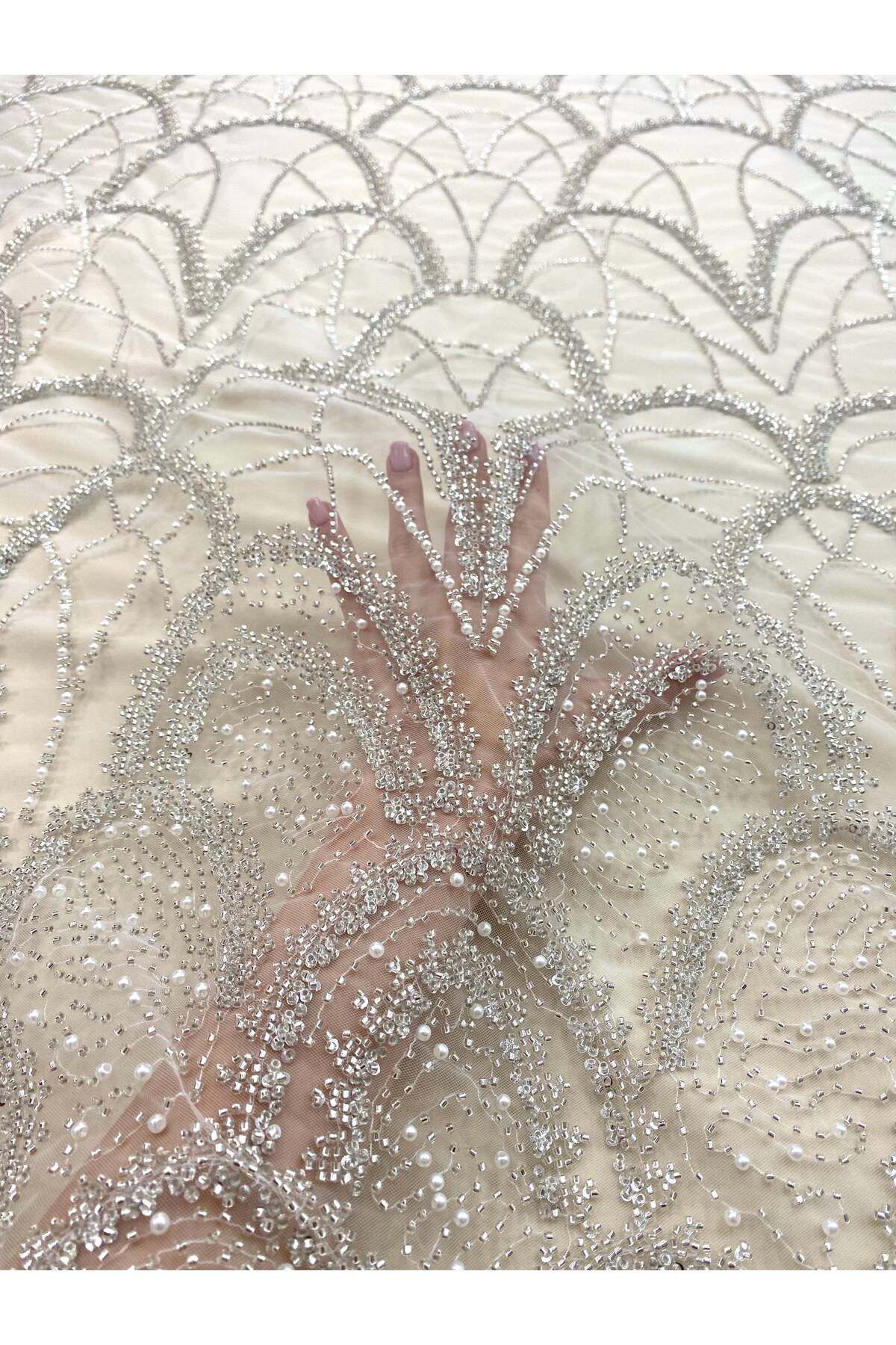 Luxuro-Silver Couture Lace with Geometric Pattern, with Pearls, Beads and Sequins 6