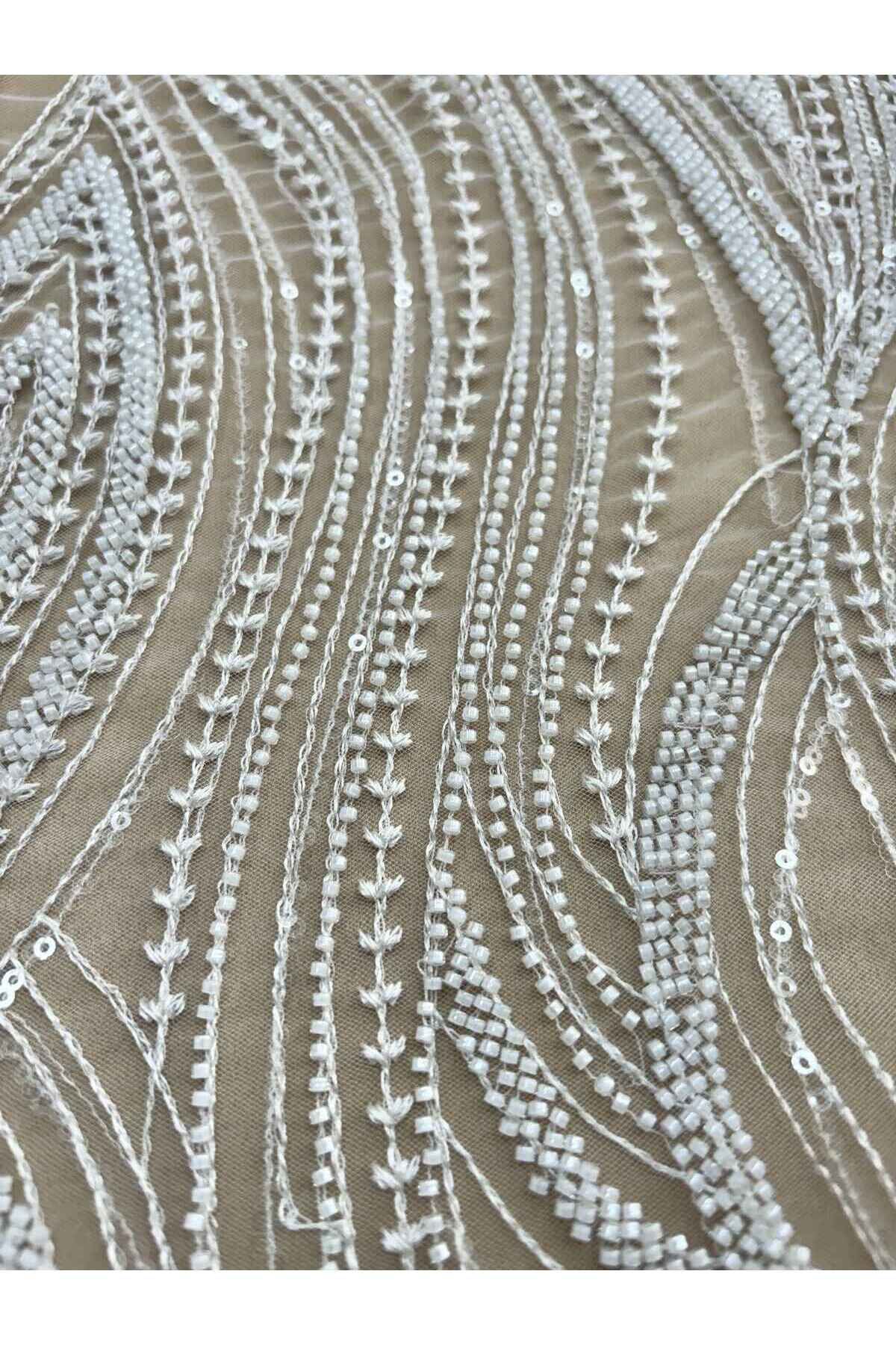 Luxuro-Ivory Couture Lace with Linear Pattern, Beads and Sequins 4