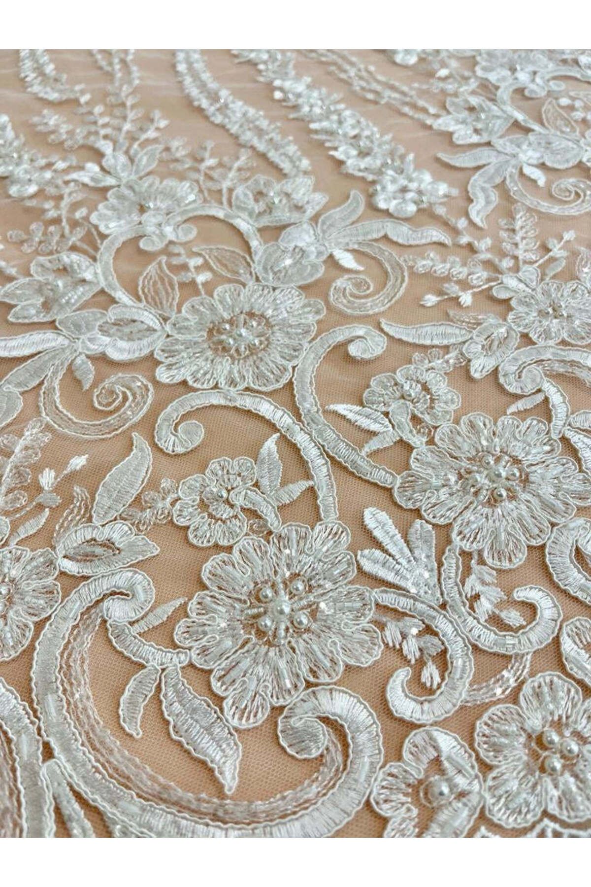 Luxuro-Lace with Linear Pattern with Flowers, Pearls and Sequins 3