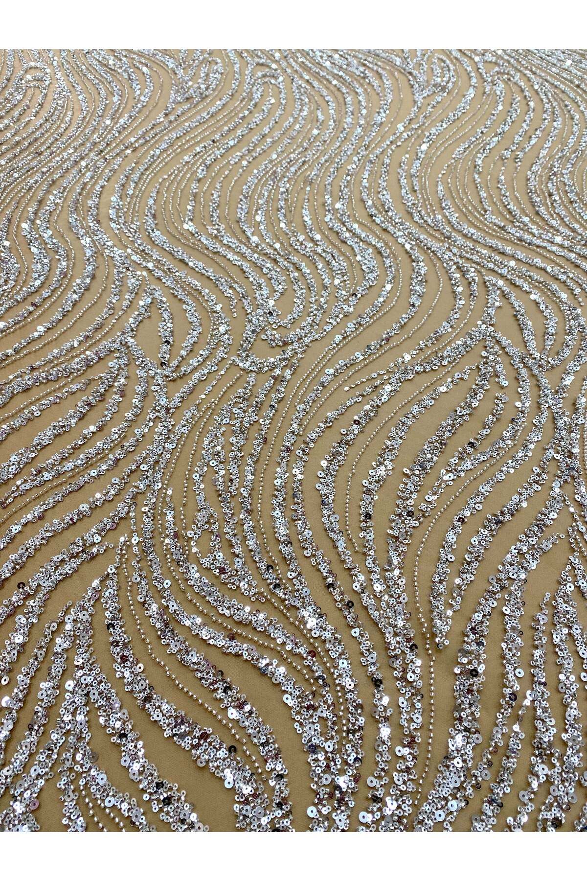 Luxuro-Couture Lace Silver with Nude Tulle with Linear Pattern, with Beads and Sequins 6
