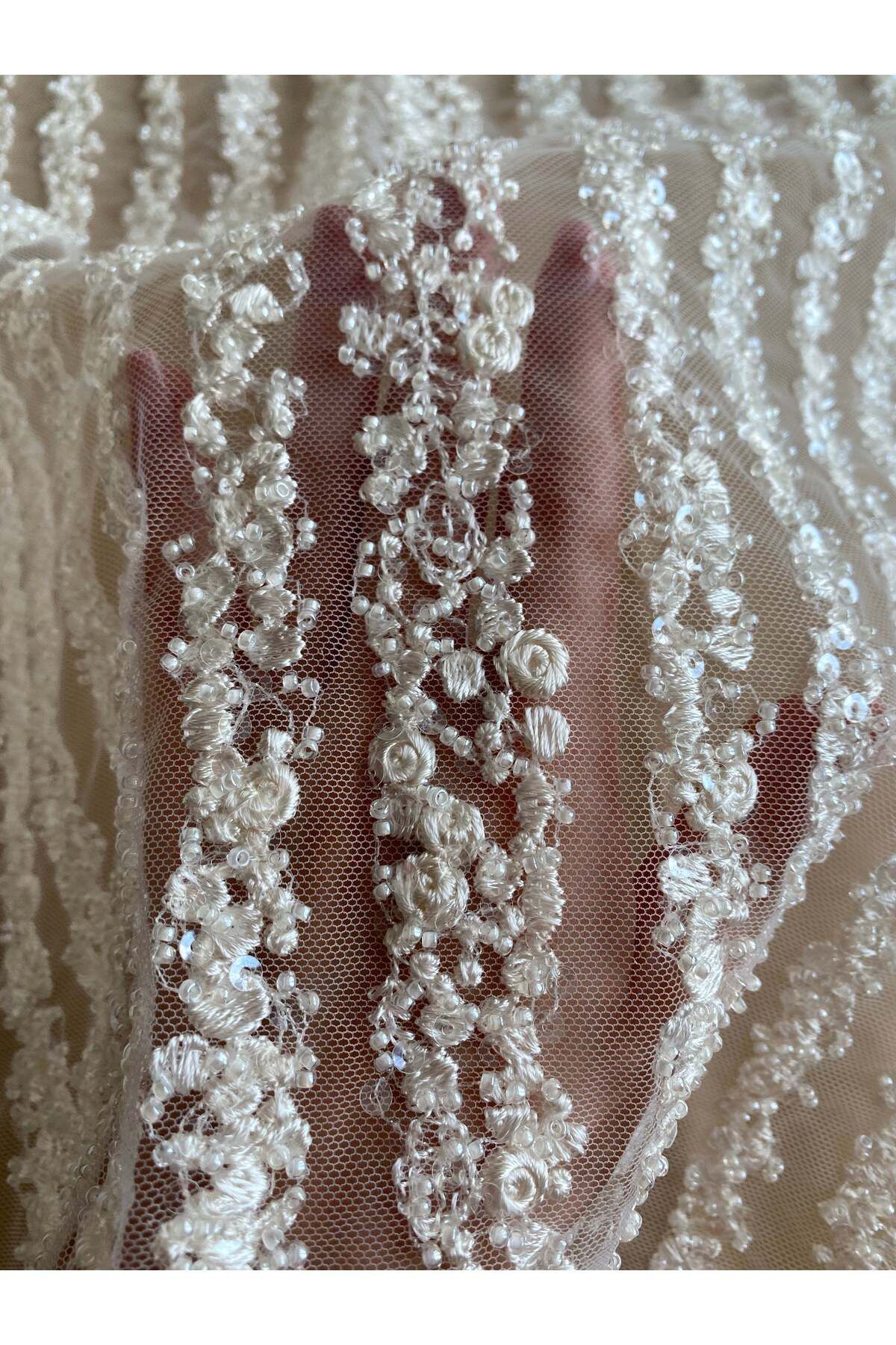 Luxuro-Ivory Lace Linear Pattern, with Pearls and Sequins 3