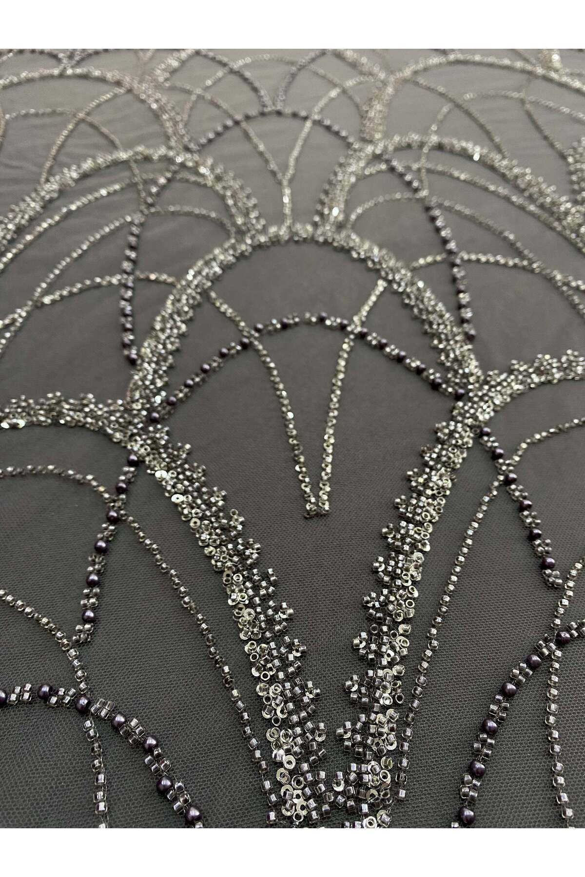 Luxuro-Anthracite Grey Couture Lace with Geometric Pattern, with Pearls, Beads and Sequins 5