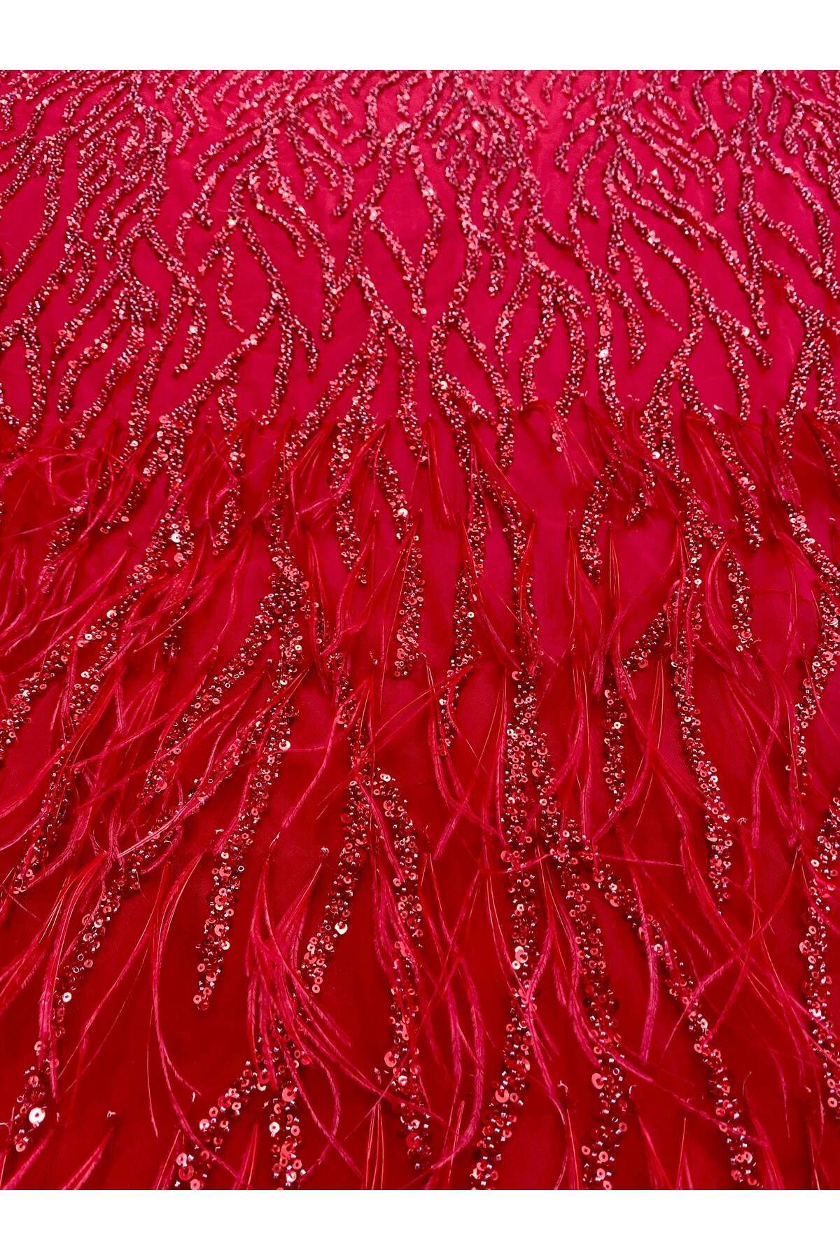 Luxuro-Red Couture Lace with Ostrich Feathers, Strings, Beads and Sequins 2