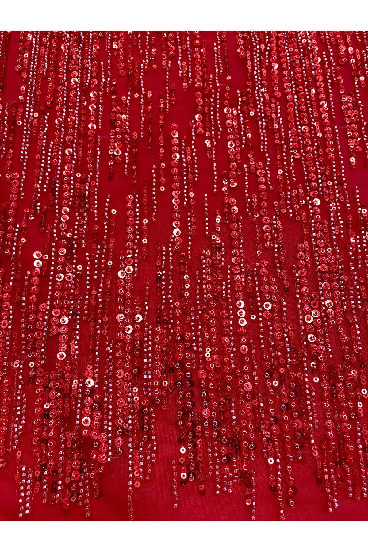 Luxuro-Red Couture Lace with Linear Pattern, Beads and Sequins 7