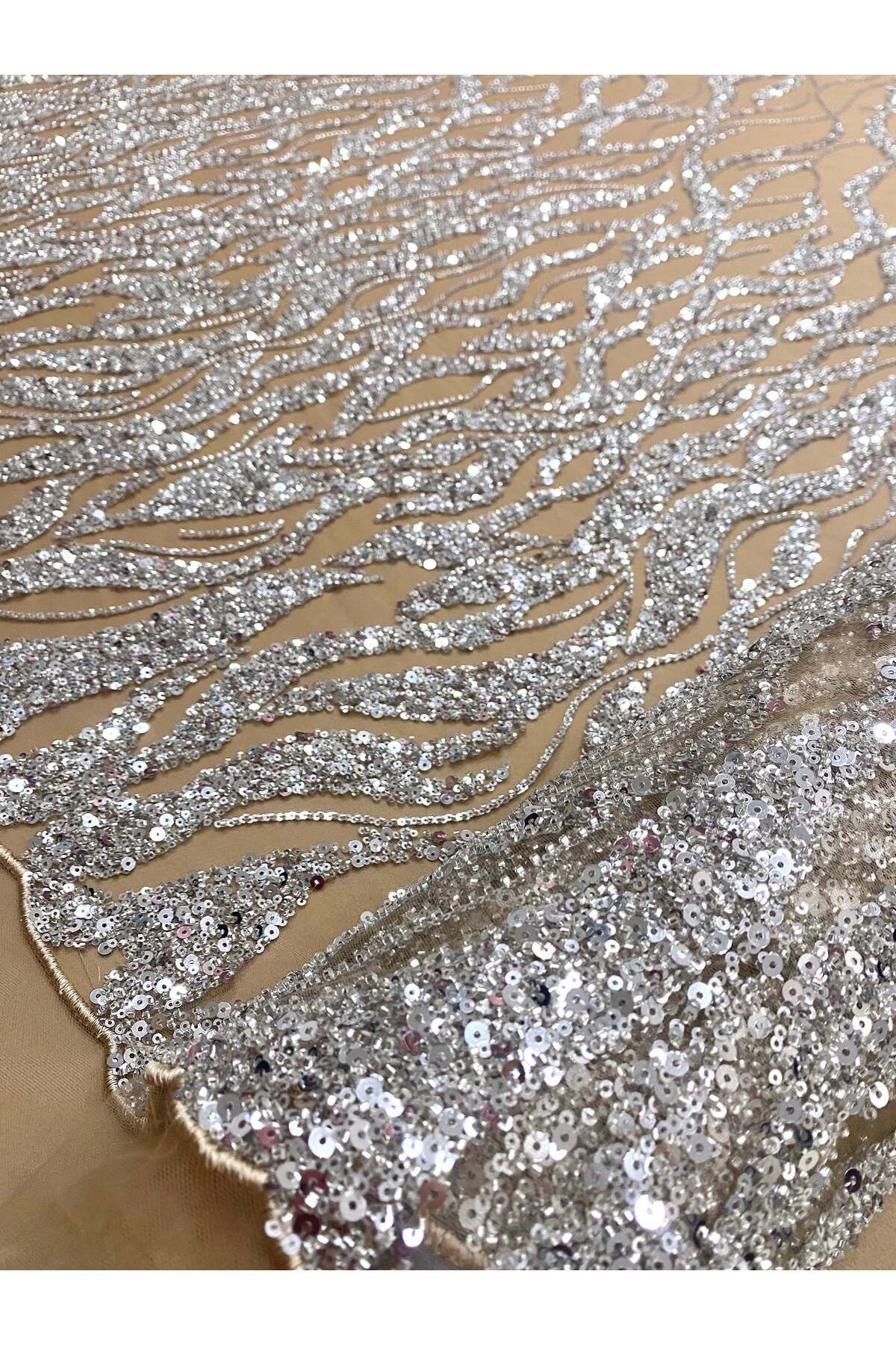 Luxuro-Silver Couture Lace with Nude Tulle with Strings, Beads and Sequins 4