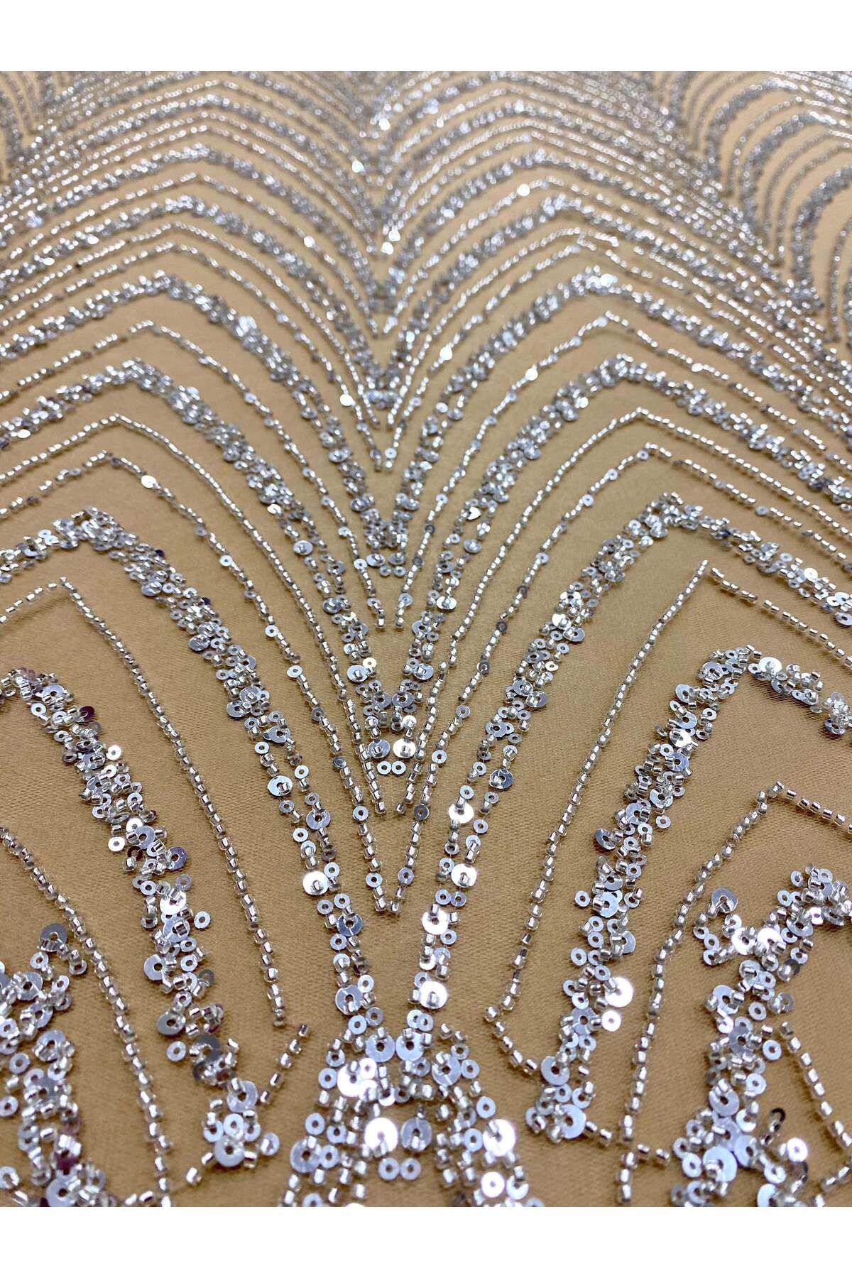 Luxuro-Silver Couture Lace with Nude Tulle with Geometric Pattern with Beads and Sequins 7