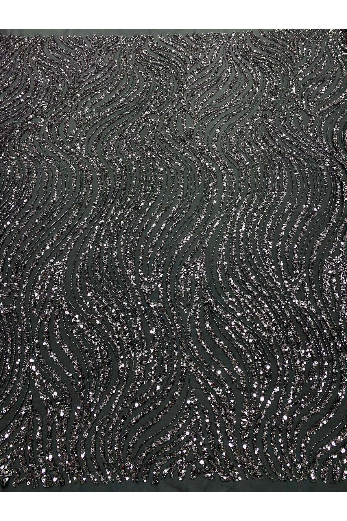 Luxuro-Anthracite Grey Couture Lace with Linear Pattern, Beads and Sequins 1