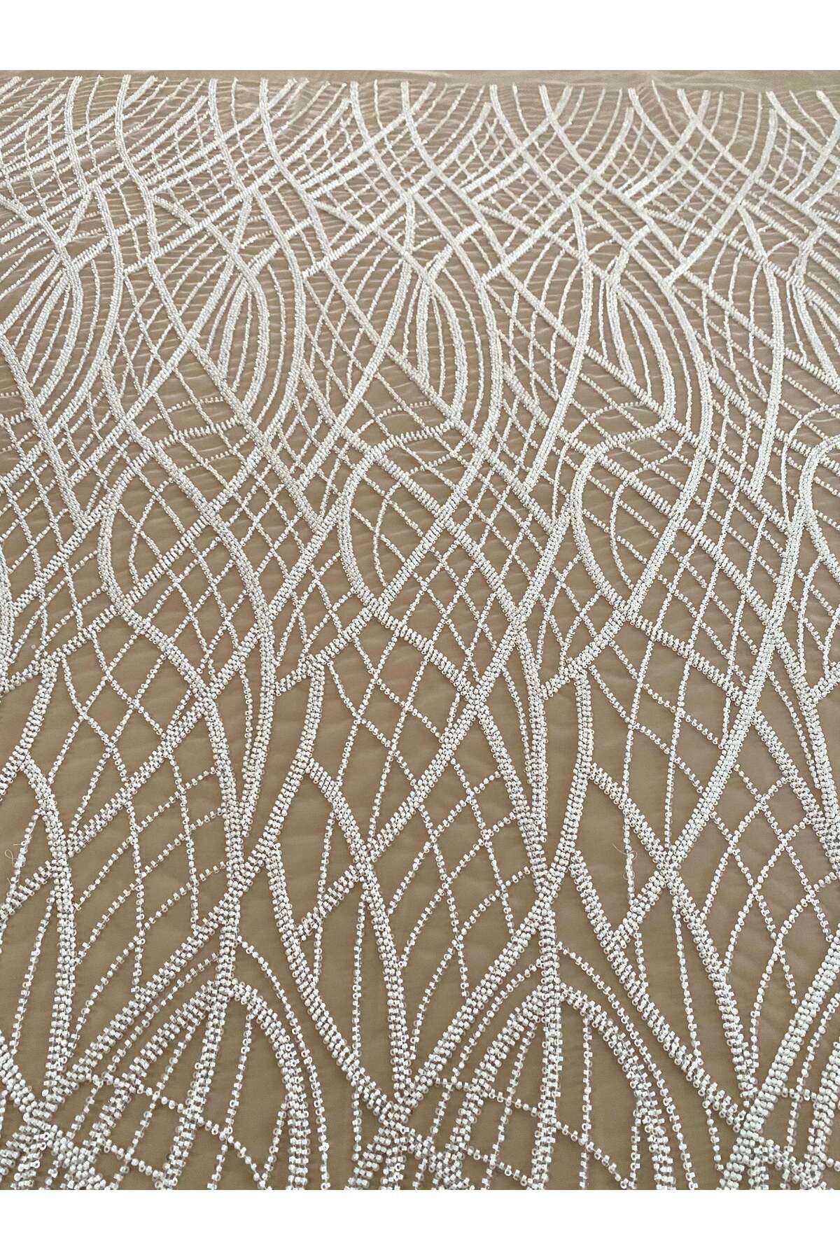 Luxuro-Ivory Couture Lace with Linear Pattern, Beads and Sequins 4