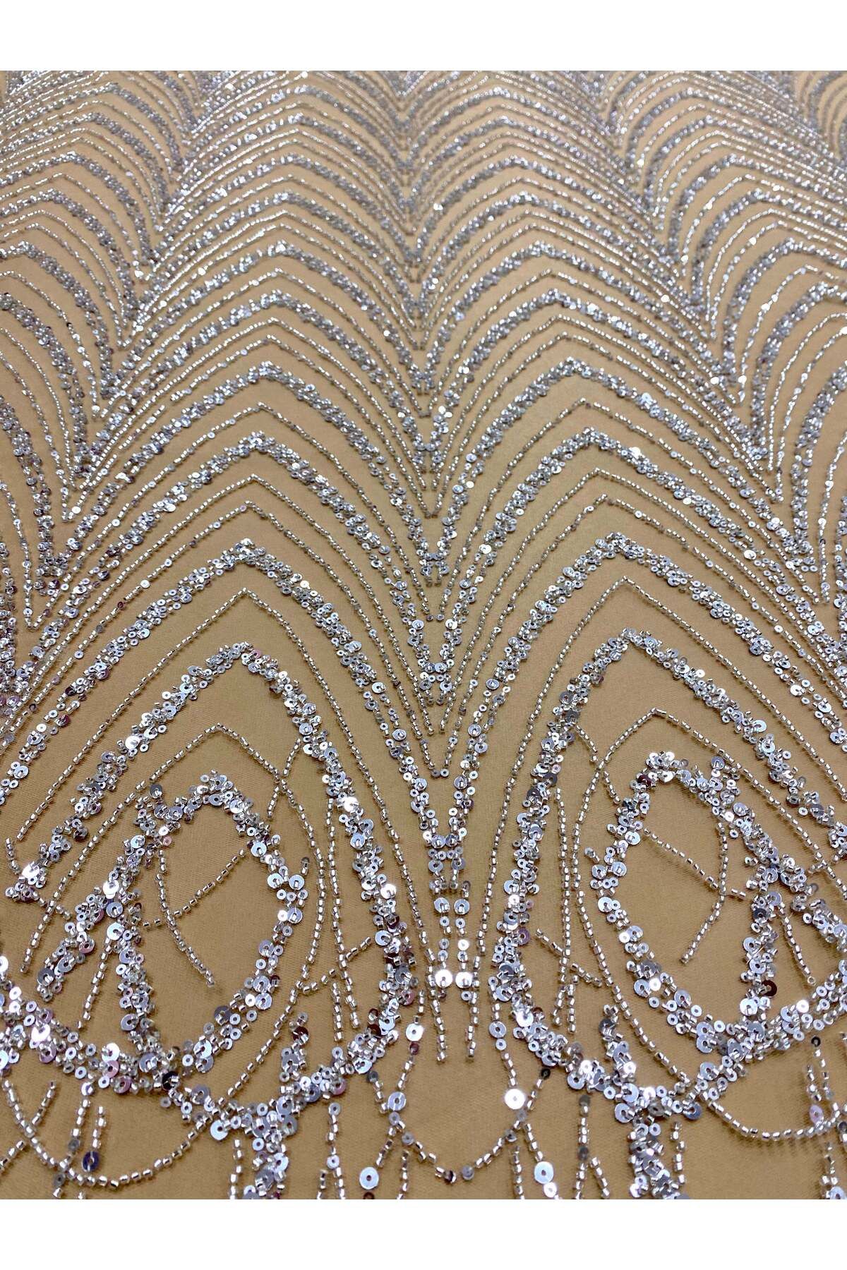 Luxuro-Silver Couture Lace with Nude Tulle with Geometric Pattern with Beads and Sequins 4