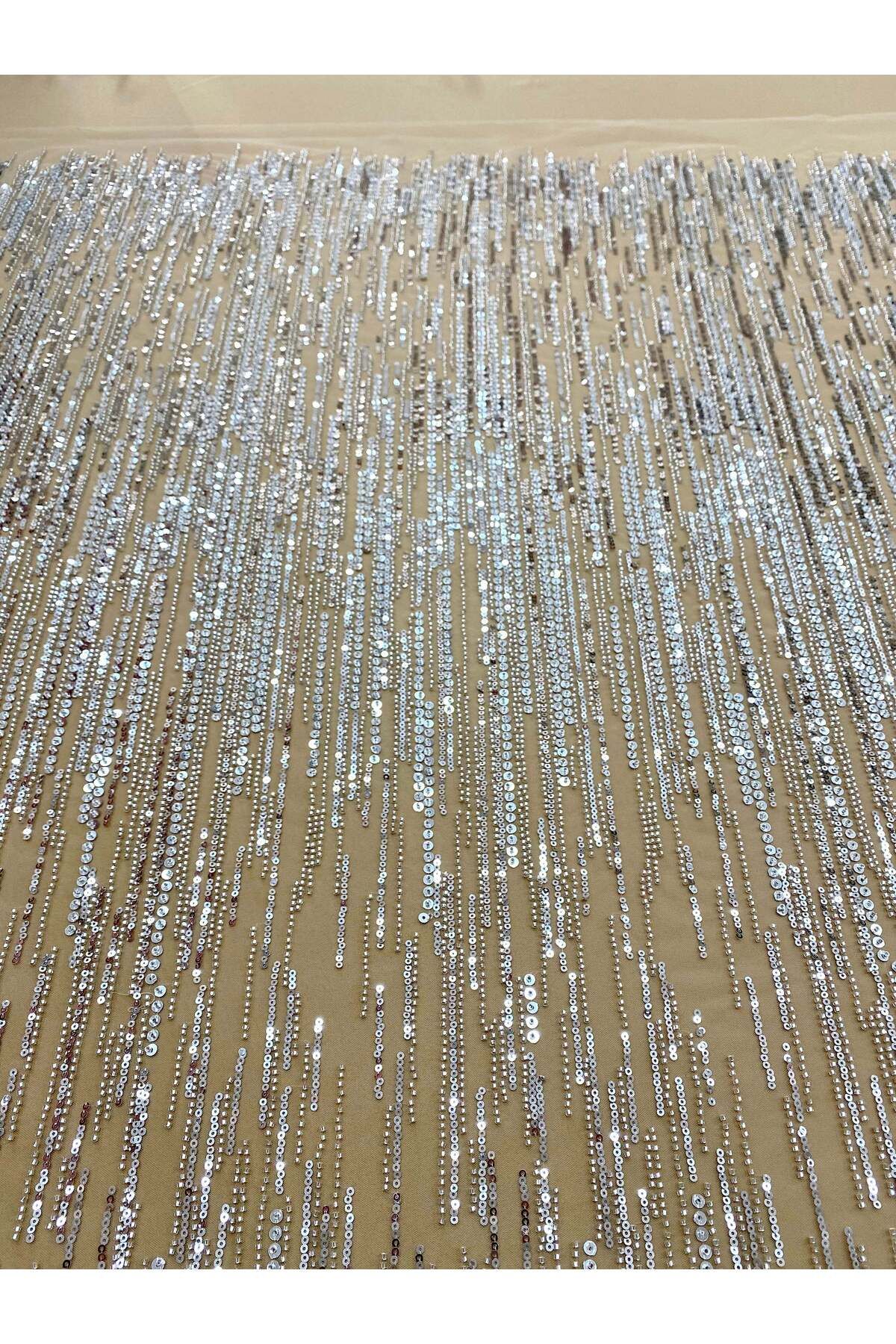 Luxuro-Couture Lace Silver with Nude Tulle with Linear Pattern, with Beads and Sequins 4