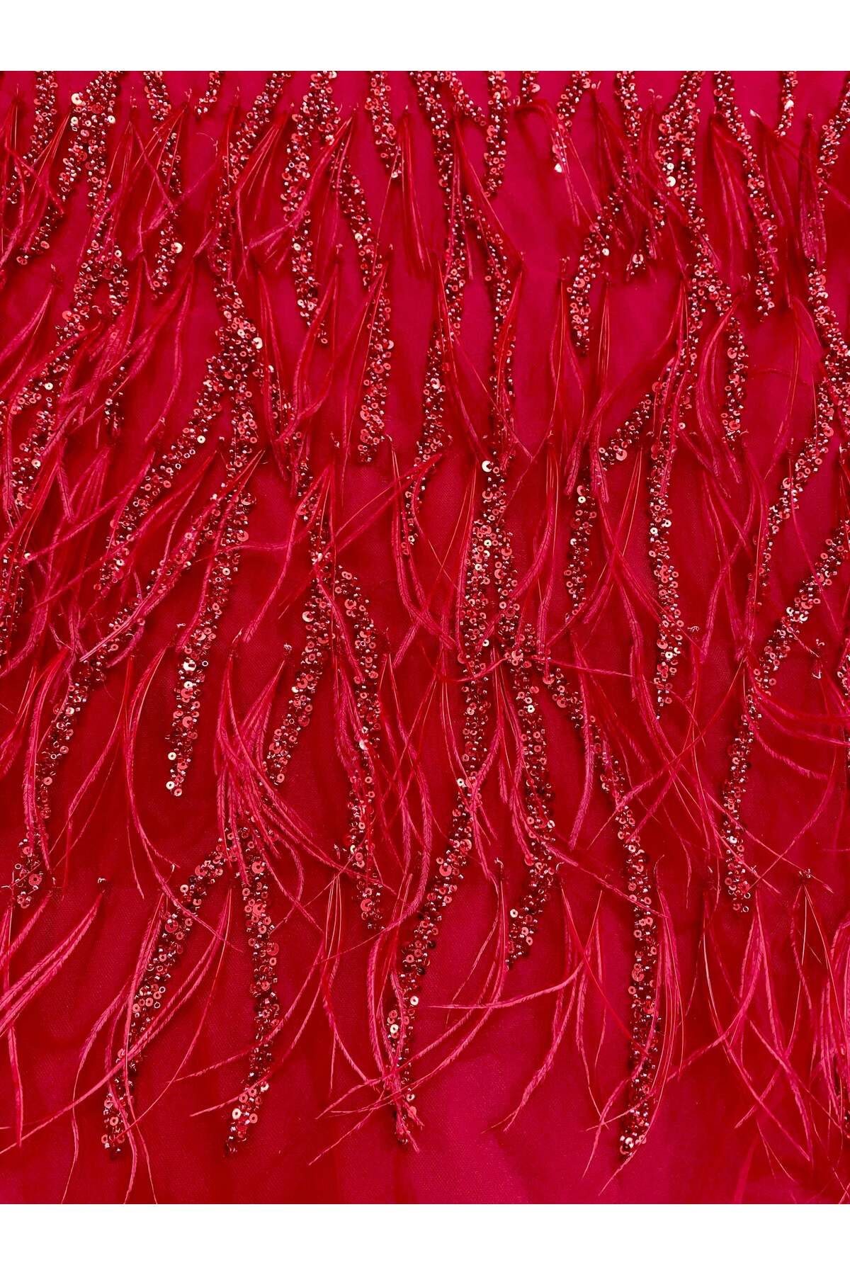 Luxuro-Red Couture Lace with Ostrich Feathers, Strings, Beads and Sequins 4
