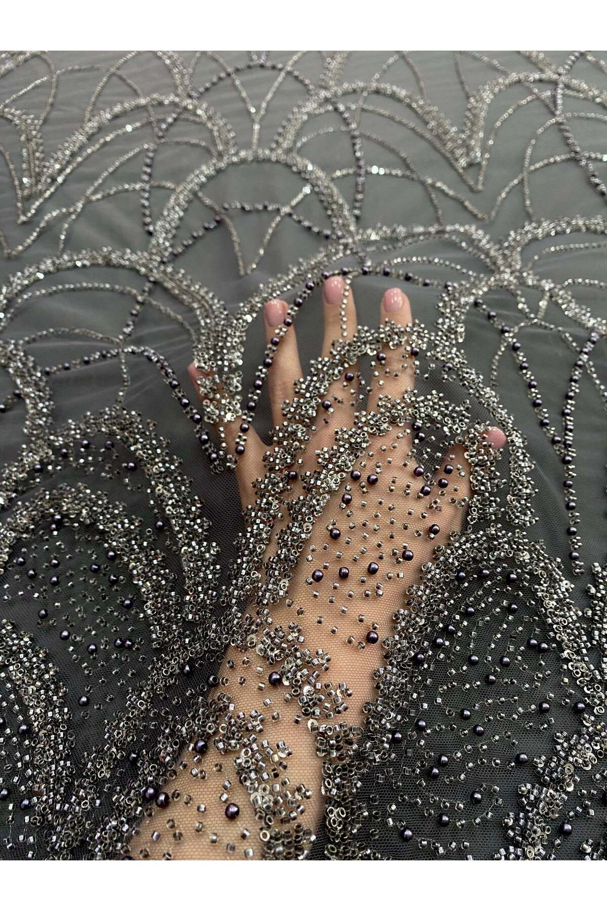 Luxuro-Anthracite Grey Couture Lace with Geometric Pattern, with Pearls, Beads and Sequins 3