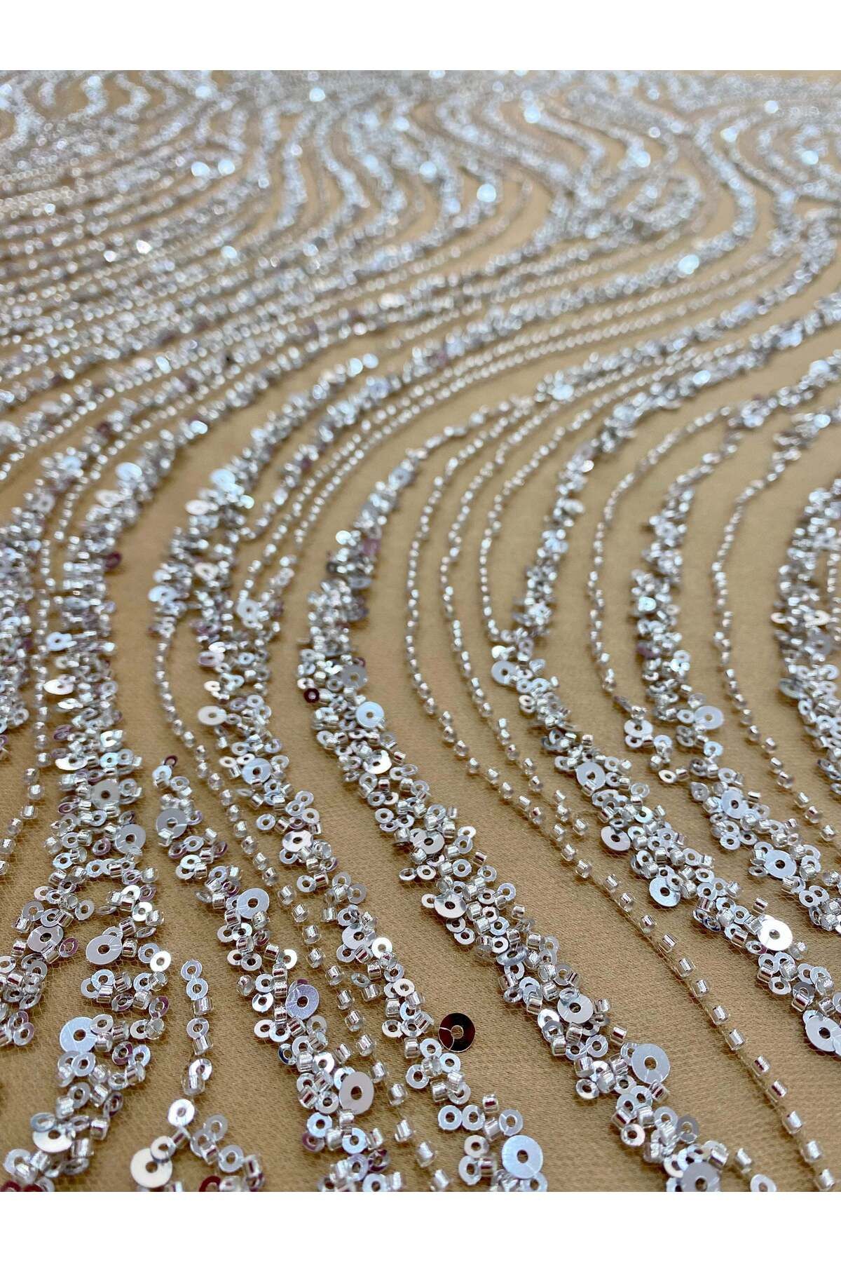 Luxuro-Couture Lace Silver with Nude Tulle with Linear Pattern, with Beads and Sequins 4