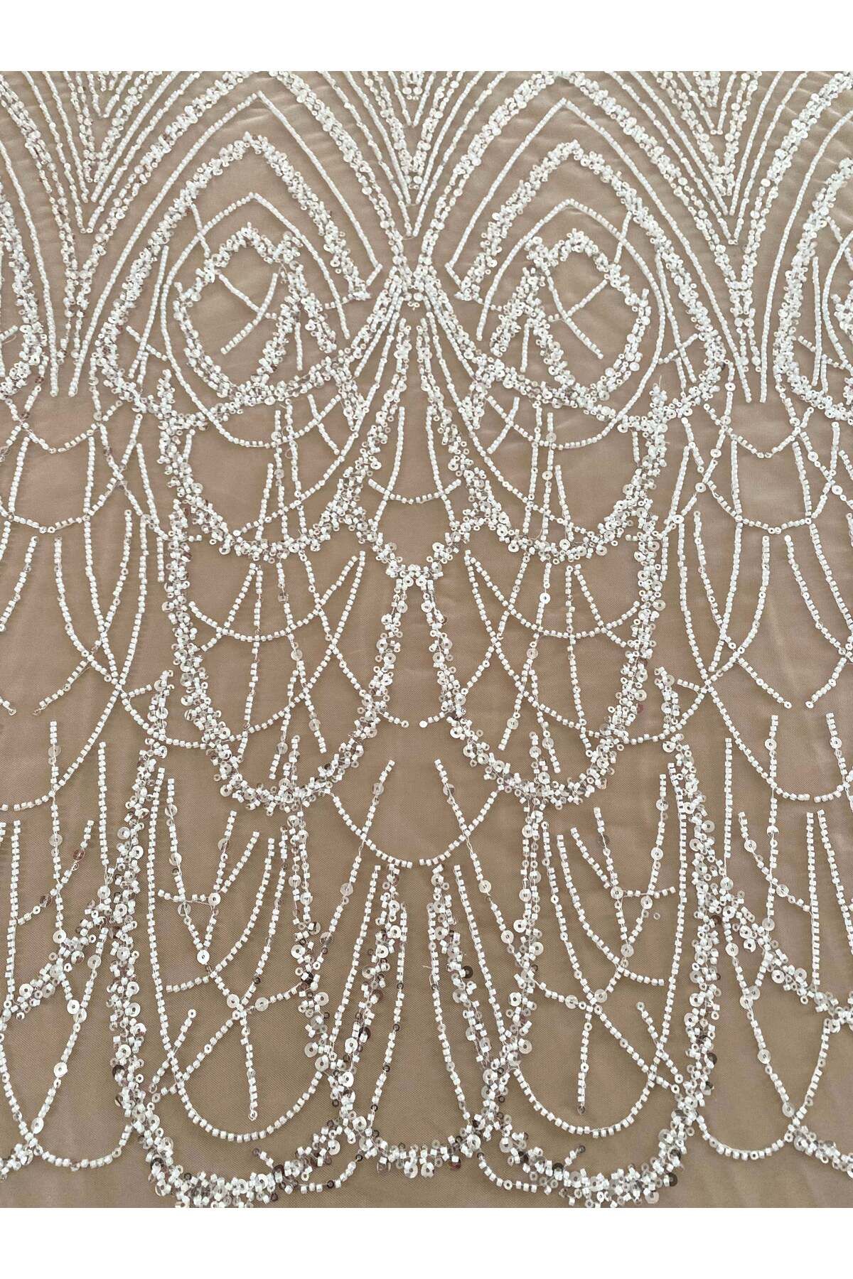 Luxuro-Ivory Couture Lace with Geometric Pattern with Beads and Sequins 7