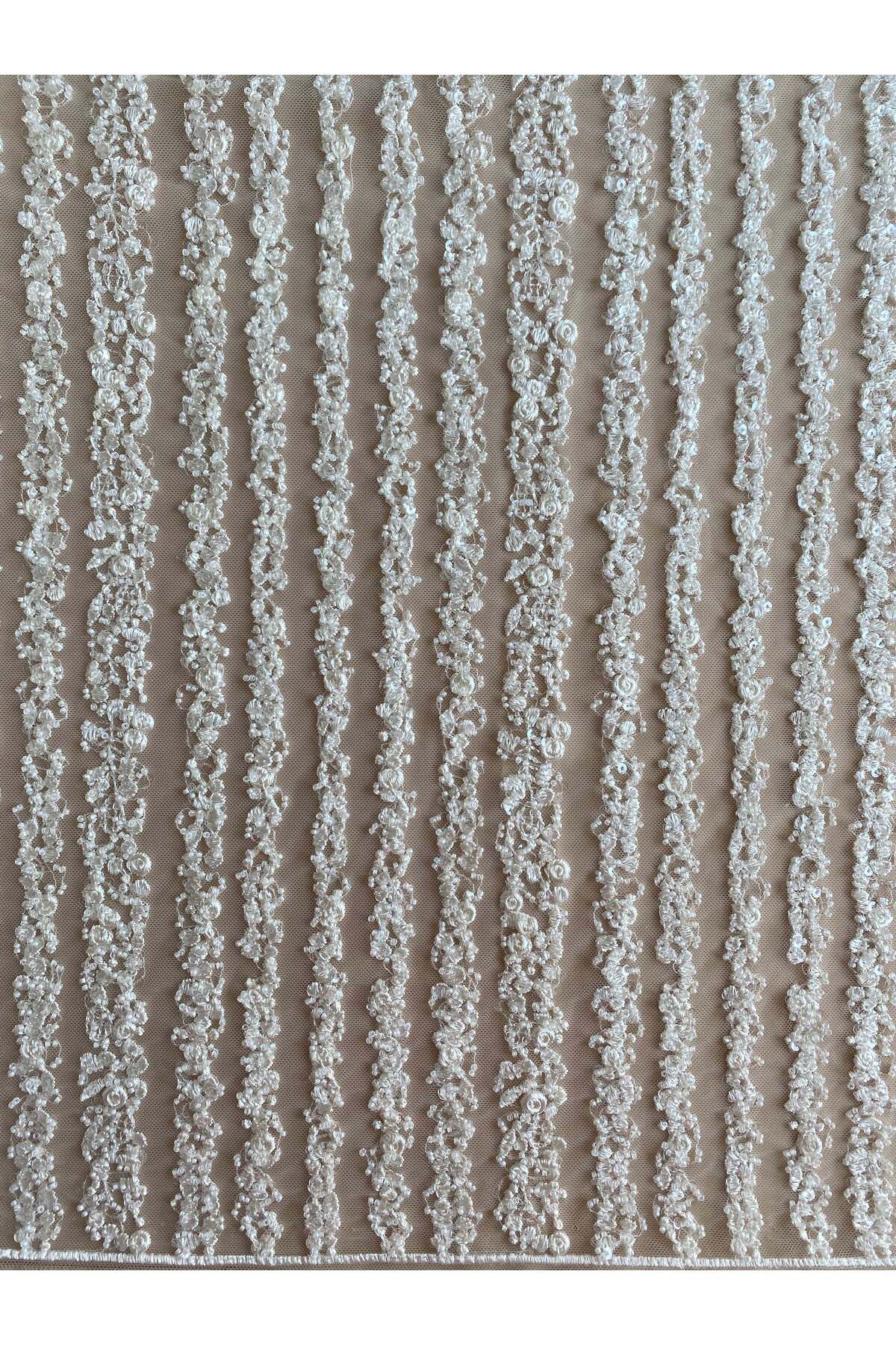 Luxuro-Ivory Lace Linear Pattern, with Pearls and Sequins 5