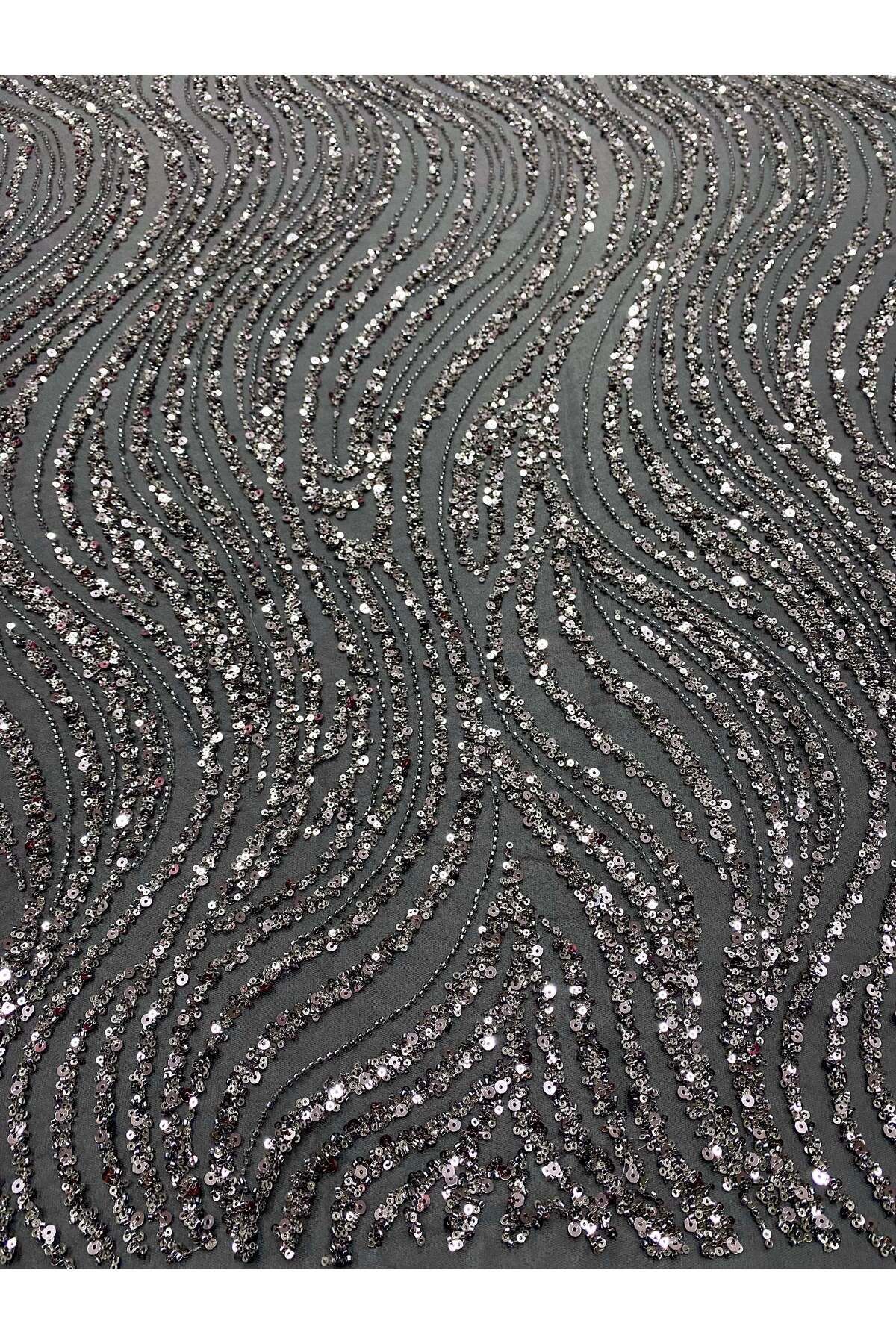 Luxuro-Anthracite Grey Couture Lace with Linear Pattern, Beads and Sequins 4