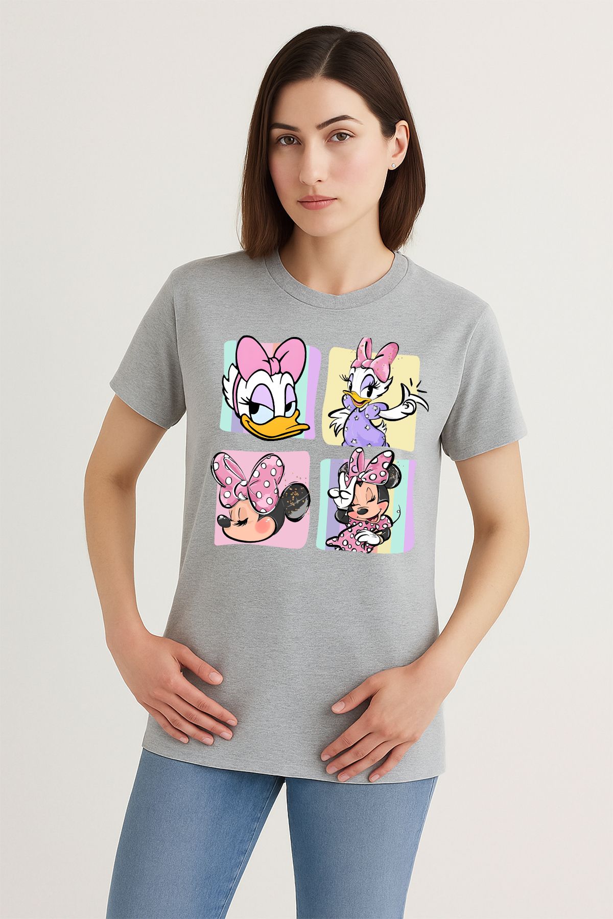 uniqwo Unisex Daisy ve Minnie Mouse Baskılı Kadın %100 Pamuk Premium Regular T-Shirt